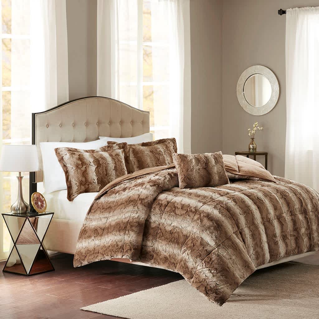 Vynxaria LEXY1145-DJWS-CP242 4 Piece Brown Faux Fur Comforter Set with Brushed Long Fur Pattern for Full Queen Mattresses in Polyester Bedding Line