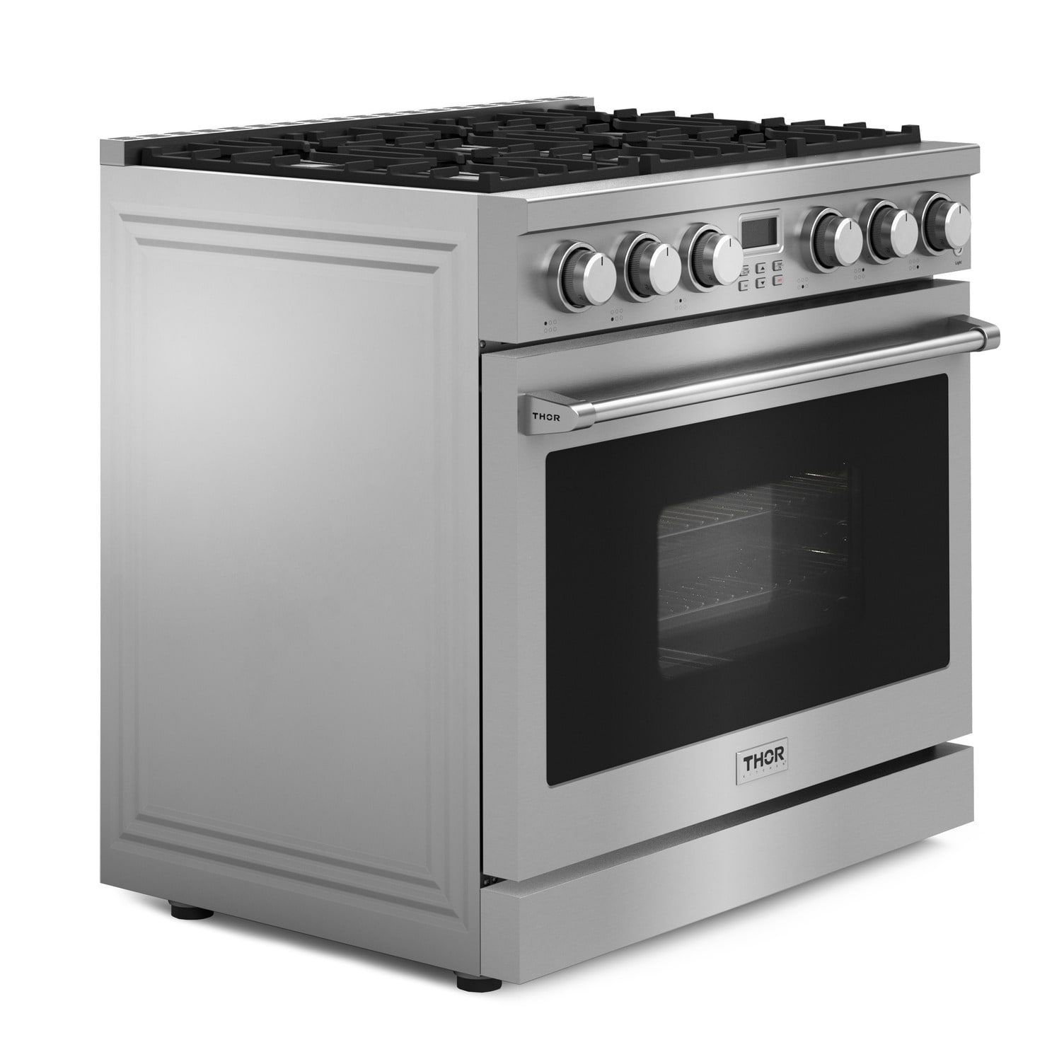 Thor Kitchen 5-Piece Appliance Package - 36-Inch GAS Range, Refrigerator, Wall Mount Hood, Dishwasher, and Wine Cooler in Stainless Steel