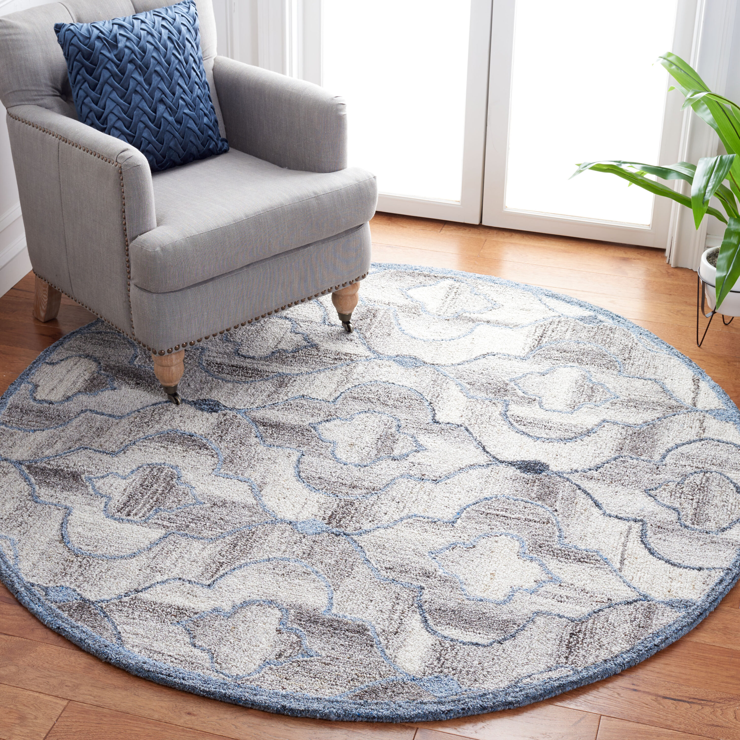  Abstract 646 Blue/Brown Contemporary 6ft x 6ft Round Rug