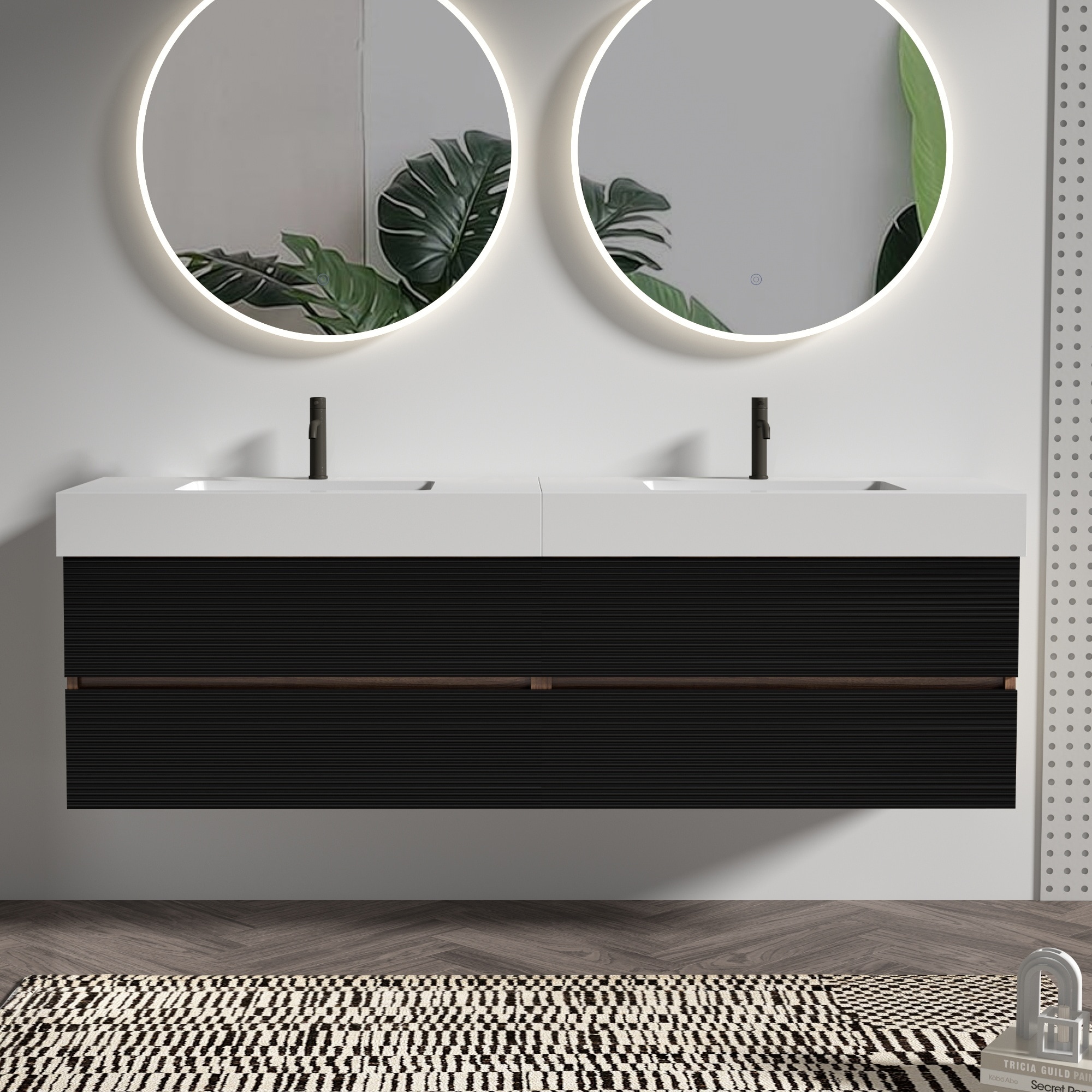LIVACA 72 inch Black and Brown Wall Mounted Bathroom Vanity with Engineered Quartz Sink and Soft Black Drawers