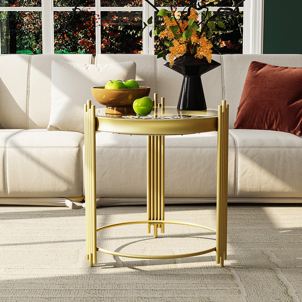 Homsee C-KF330143-01 17.7 in Wide Round Clock Inspired Metal Coffee Table with Glass Top and Gold Trim