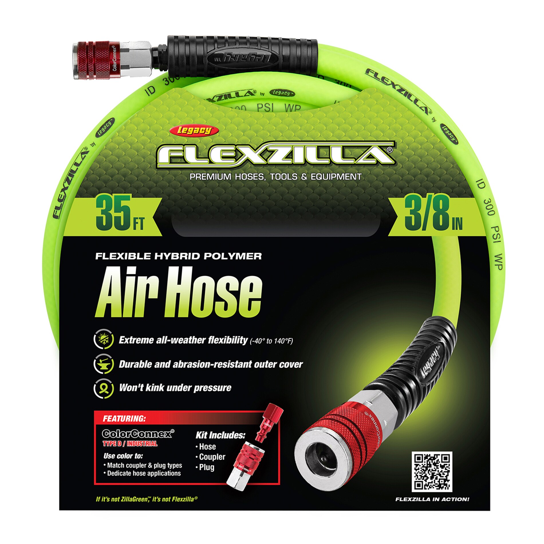 Flexzilla Air Hose, 3/8 in. x 35 ft., 1/4 in. MNPT Fittings, Heavy Duty,  Lightweight, Hybrid, ZillaGreen - HFZ3835YW2