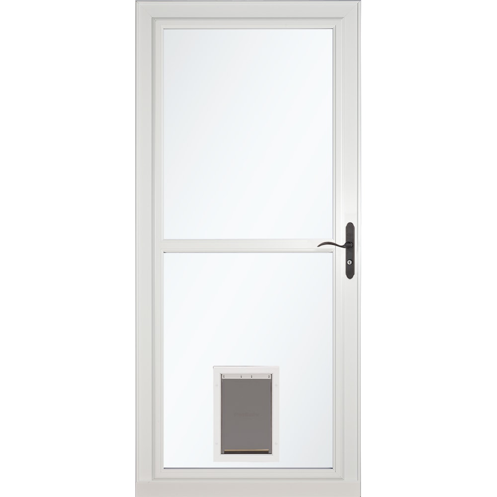 LARSON 80 Pet Split Fullview 36-in x 81-in White Aluminum Reversible Hinge Storm Door Full-view with Retractable Screen ( Aged bronze Handle Included )