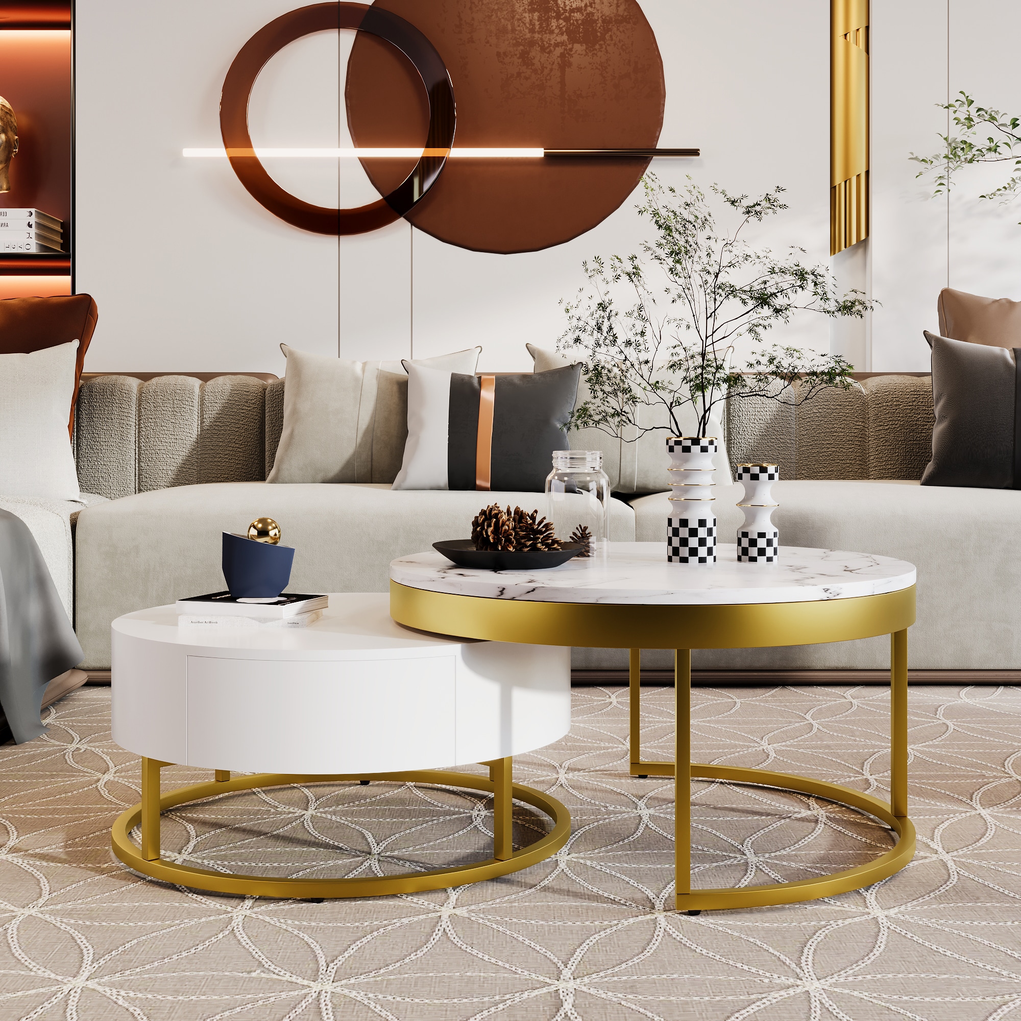 ModernLuxe L3P-WF307201AAK Modern Round  Nesting Coffee Table with Drawers in White