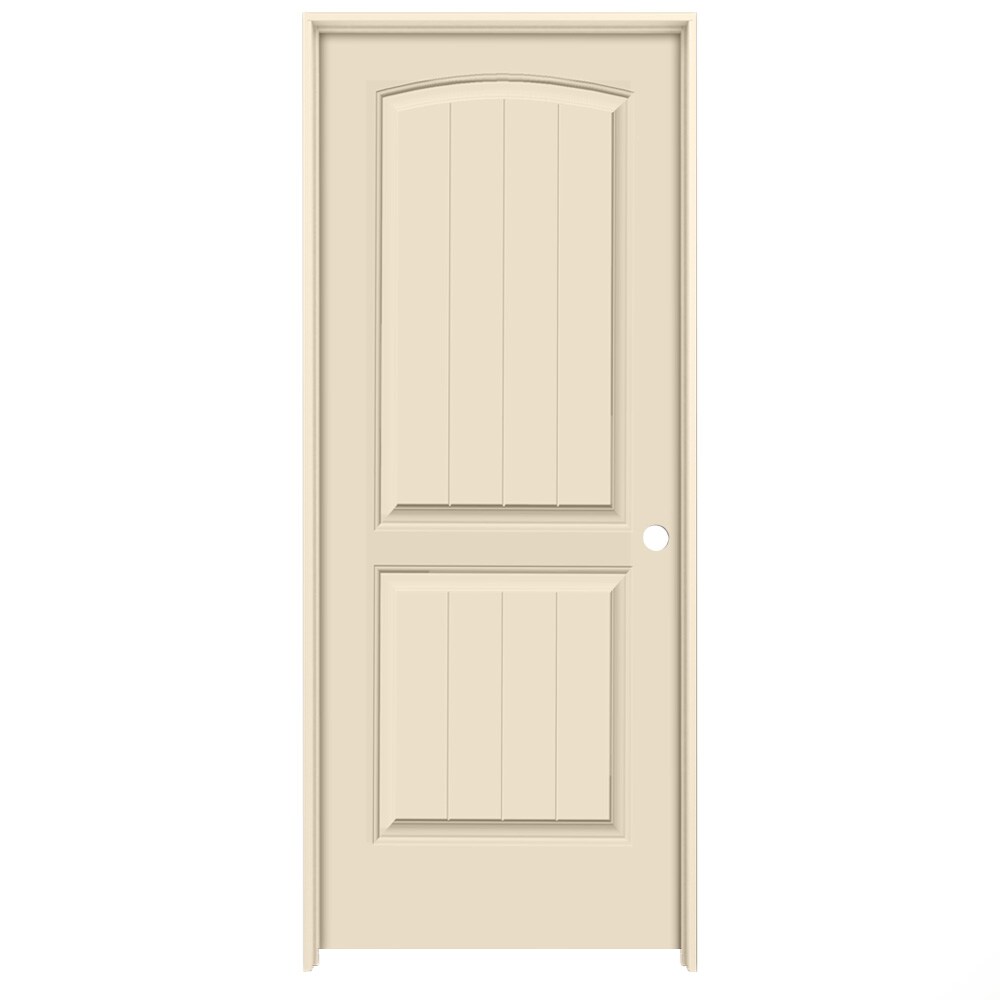 American Building Supply LO967156 28-in x 80-in Cream-n-Sugar Solid core 2-panel round top plank Left hand Smooth Prefinished MDF Flat Jamb Single Prehung Interior Door