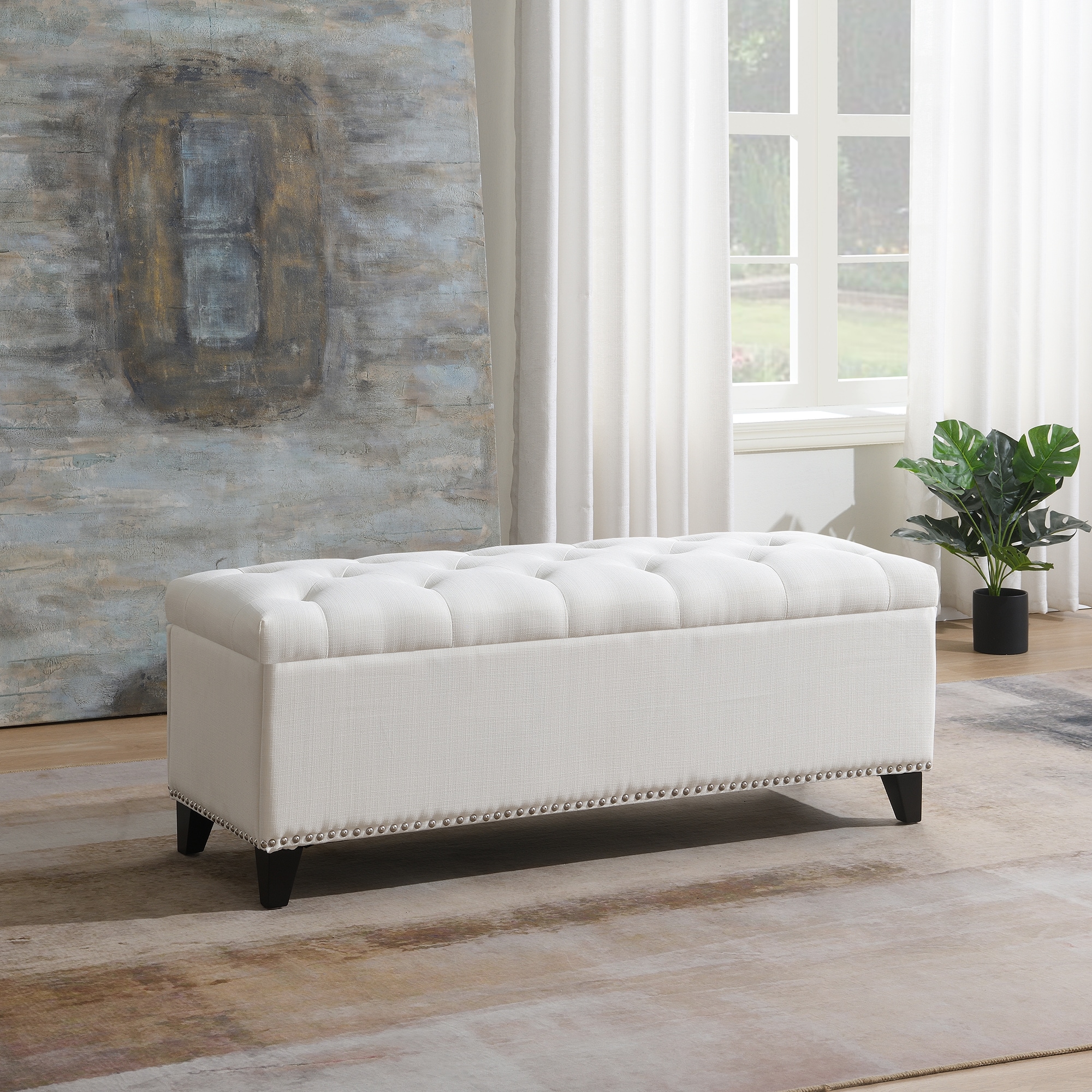 KTMBDW - Modern Ottoman Bench with Storage -Linen Button Tufted Ottoman with Safety Hinge for Liv...
