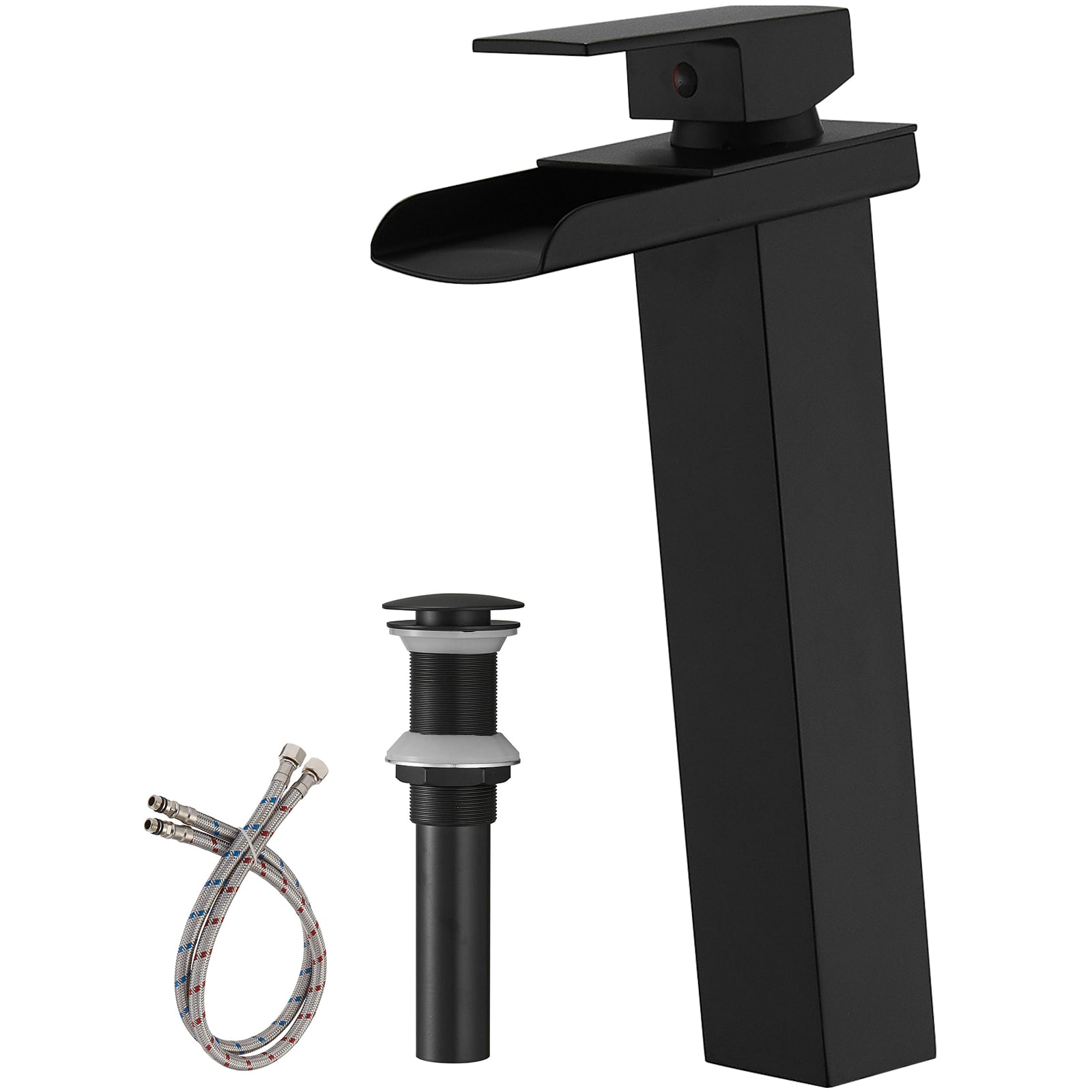 BWE A-96009H-BLACK Matte Black Vessel 1-handle WaterSense Waterfall Commercial/Residential Handle Bathroom Sink Faucet with Drain