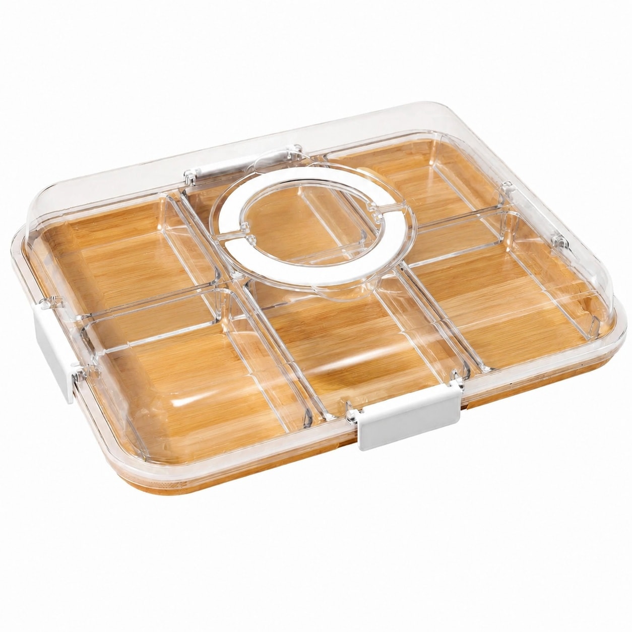 Etokfoks  14 4 in Portable White Bamboo Serving Board with Clear Lid Handle and 6 Compartments