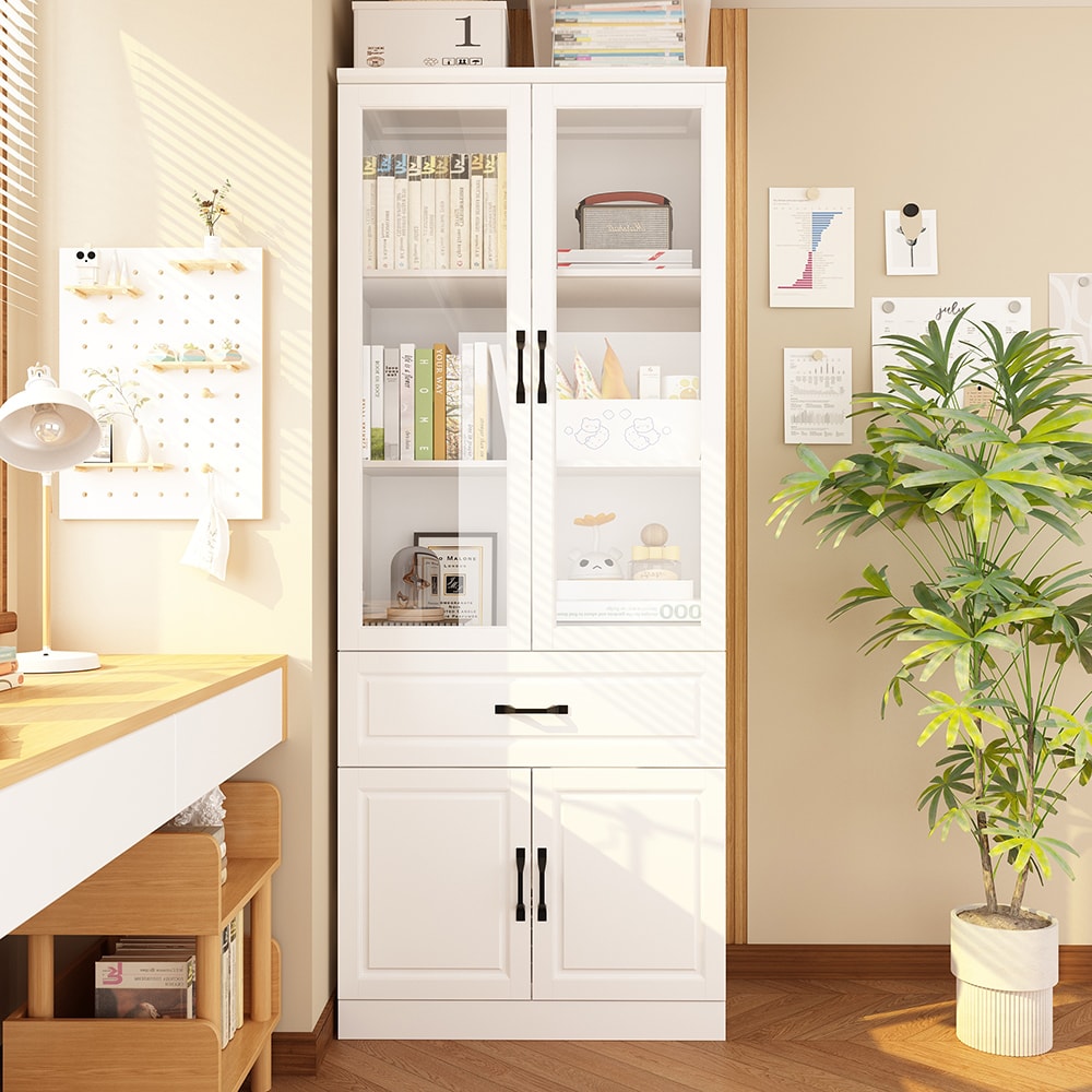  C-KF020383-01 Tall Display Cabinet with Glass Doors and Shelves Modern Bookcase Bookshelf with Storage Drawers and Enclosed Cabinet 31.5''L x 15.7''W x 78.7''H White