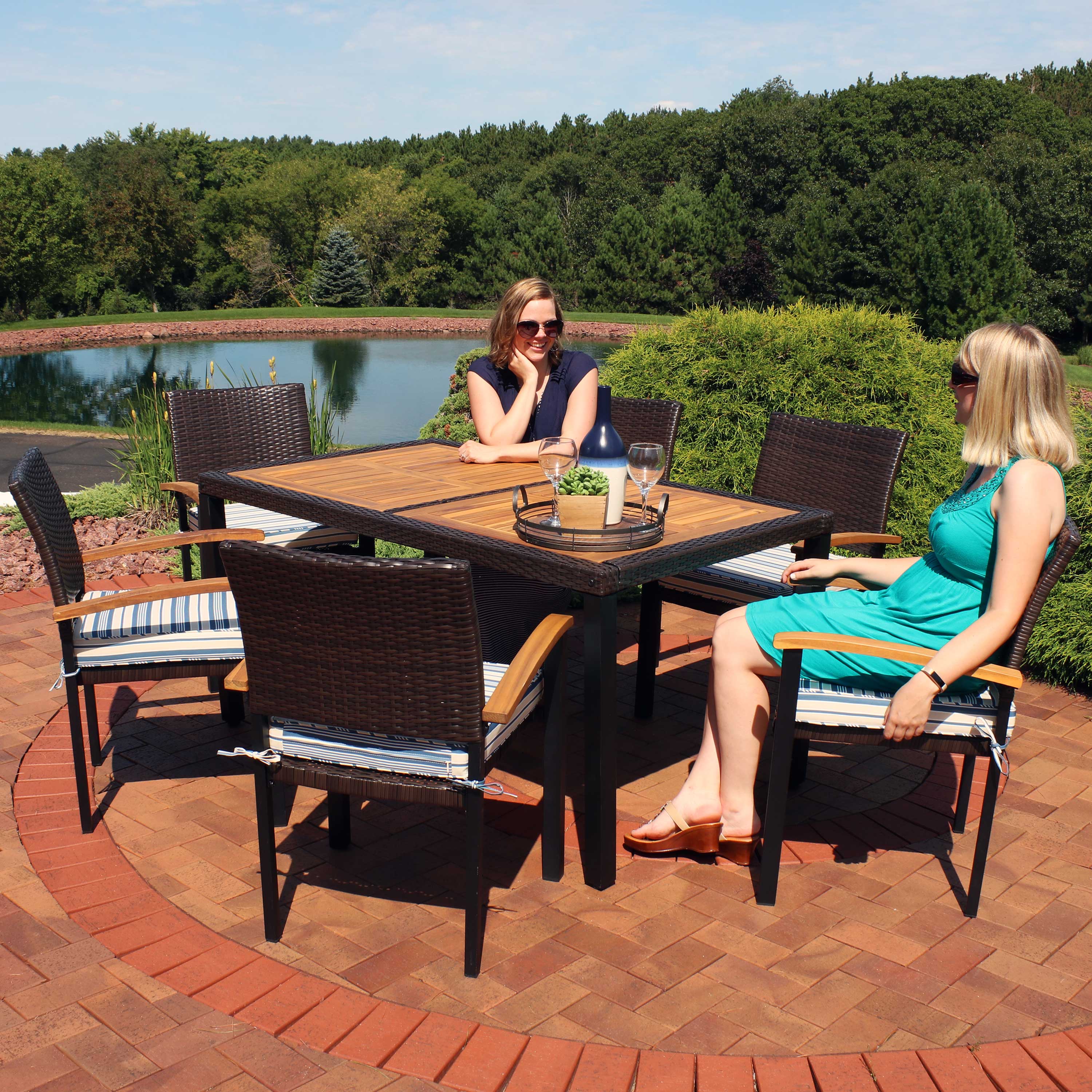 Carlow 7-Piece Brown Rattan and Acacia Wood Patio Dining Set with Blue Cushions