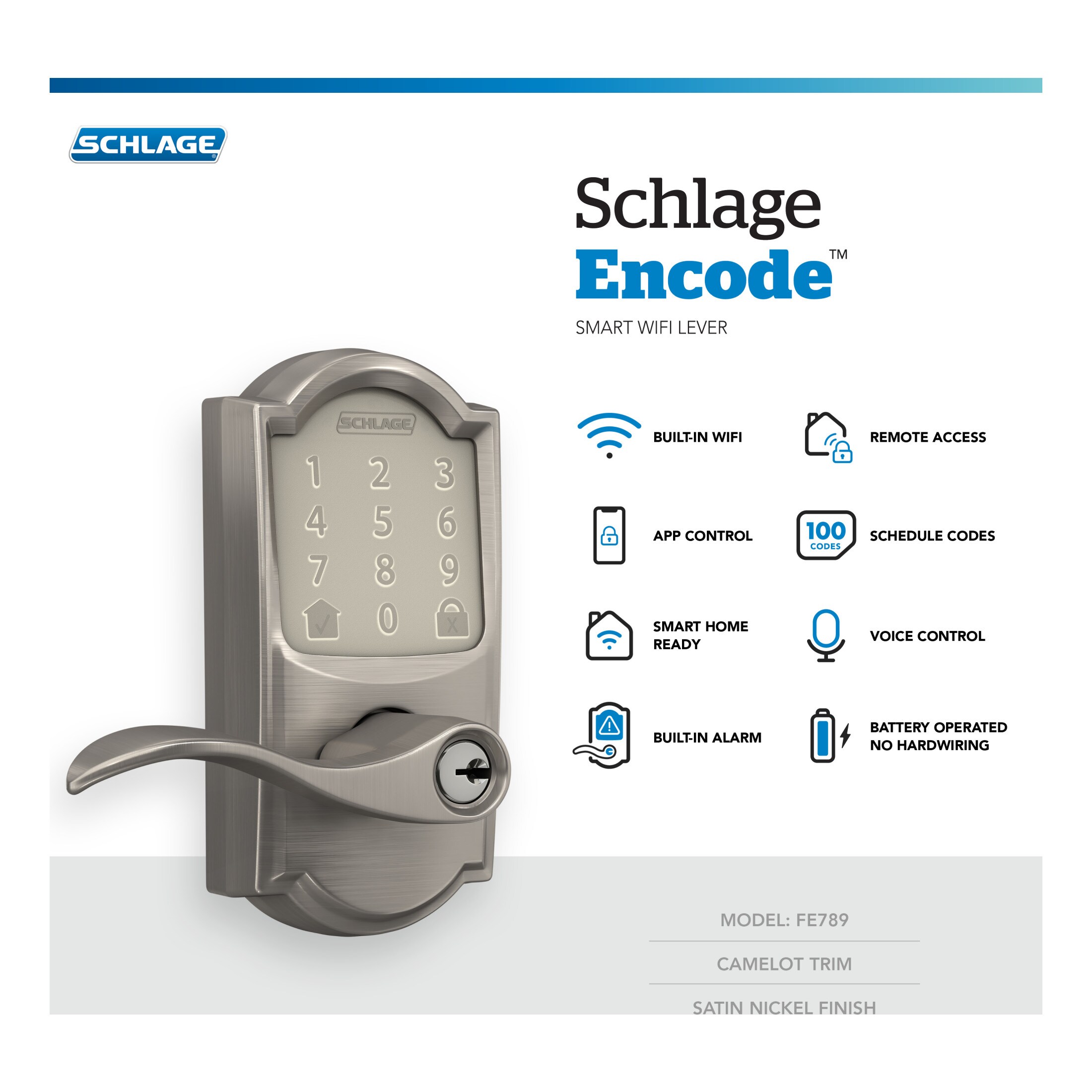 Schlage Encode Lever Camelot-Accent Satin Nickel Smart Lock Electronic Handle with Wifi Bluetooth Touchscreen Keypad FE789WBVCAM619ACC Sansujyuku sansujyuku.com