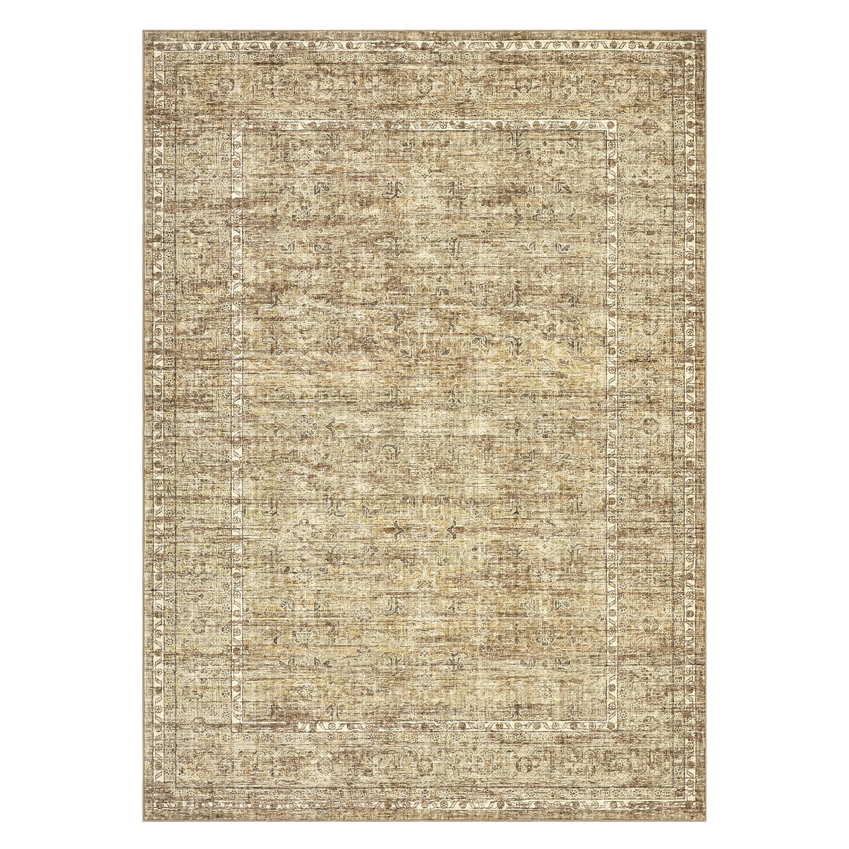 Qeetex SUNNY-PHK-36MUL857 9 x 12 ft Beige Polyester Rectangular Living Room Bedroom Dining Room Distressed Floral Print Vintage Oriental Non Slip Machine Washable Area Rug