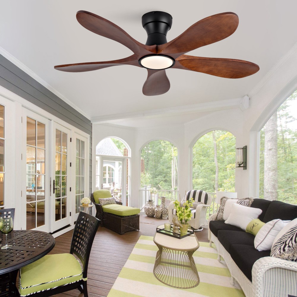 Basdien 42 in Black Dark Walnut 5 Blade Solid Wood Ceiling Fan Light Remote 6 Speed Reversible Quiet Copper DC Motor 3CCT Dimmable 10 100 Memory 1 4 8 Hour Timers Low Profile Flush Mount for Living Rooms Bedrooms Dining Rooms with Wall Bracket