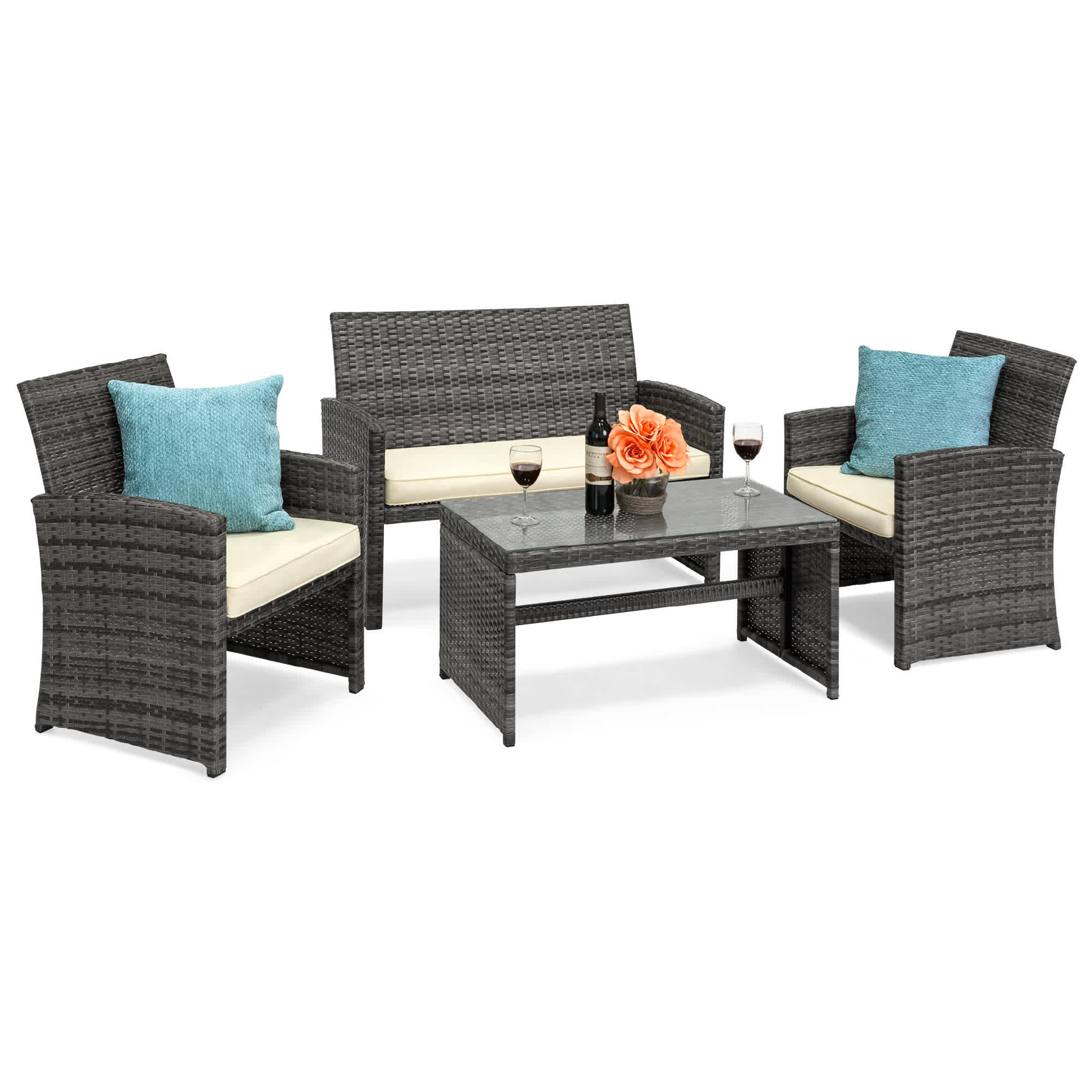 Best Choice Products SKY3264 4-Piece Outdoor Wicker Patio Conversation Furniture Set w/ Table Cushions - Gray/Cream