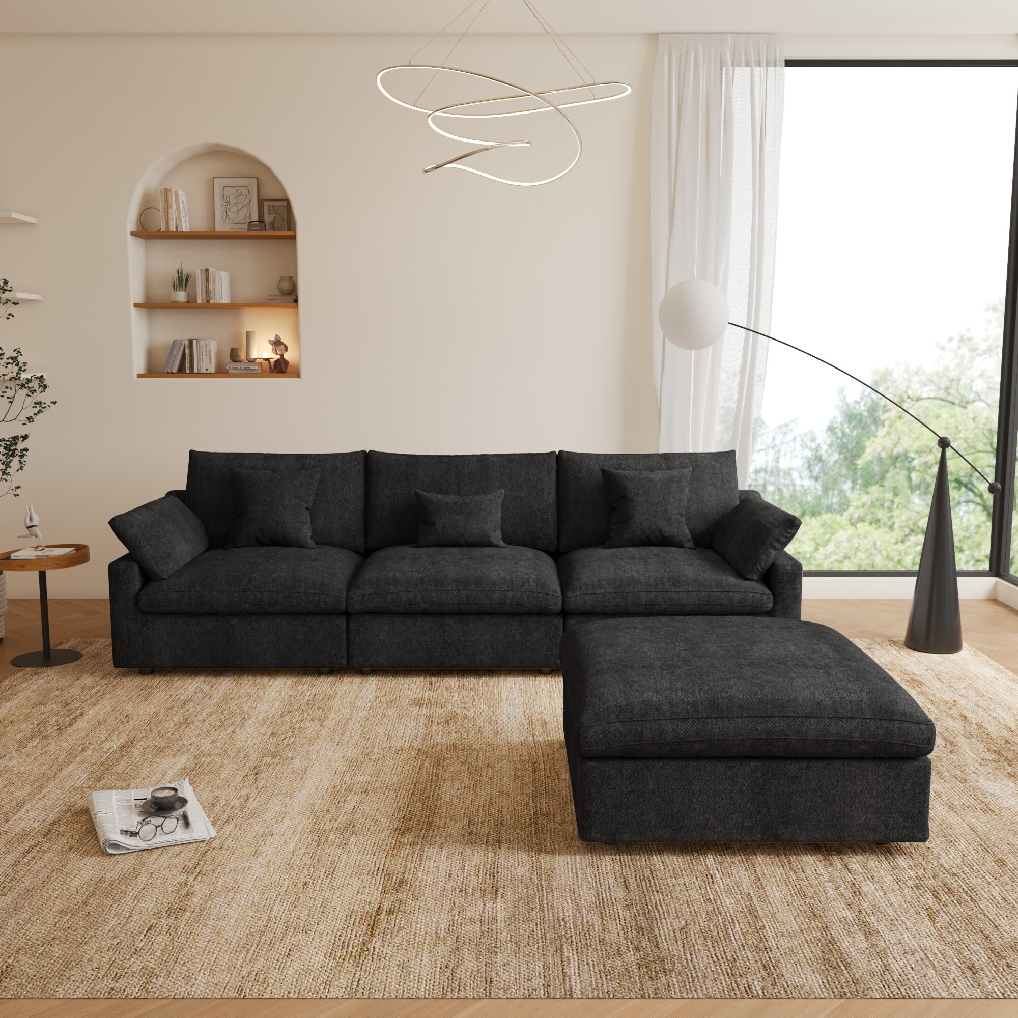 BuotiqHom DH-S3+1-140BK 119-in Modern Black Linen 4 -seater Sectional