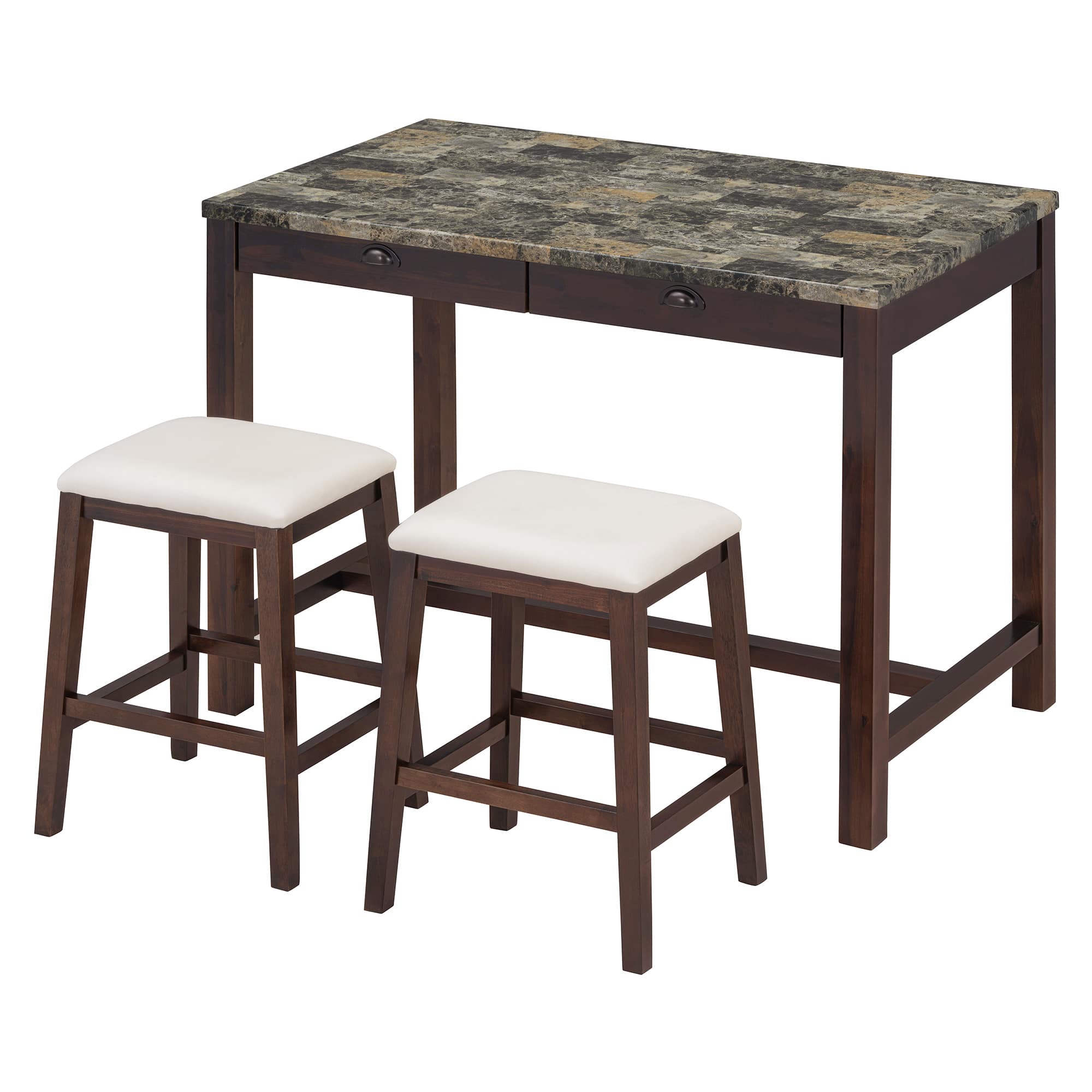 Vynxaria LEXY1909-DJCF-CZ004 Modern Walnut Faux Marble 47 in Pedestal Base Dining Table Set Seats 2