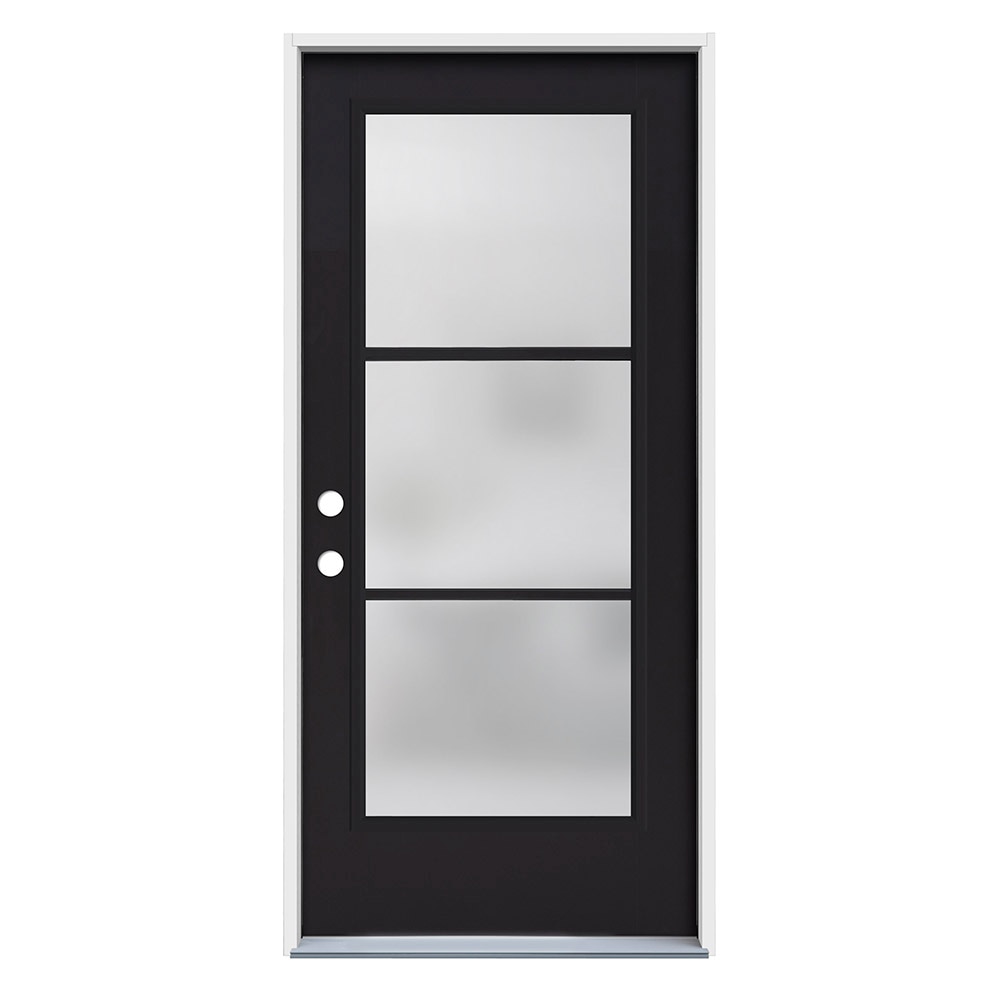 JELD-WEN Frosted Fiberglass Full Lite Black Painted Prehung Front Door with Insulating Core
