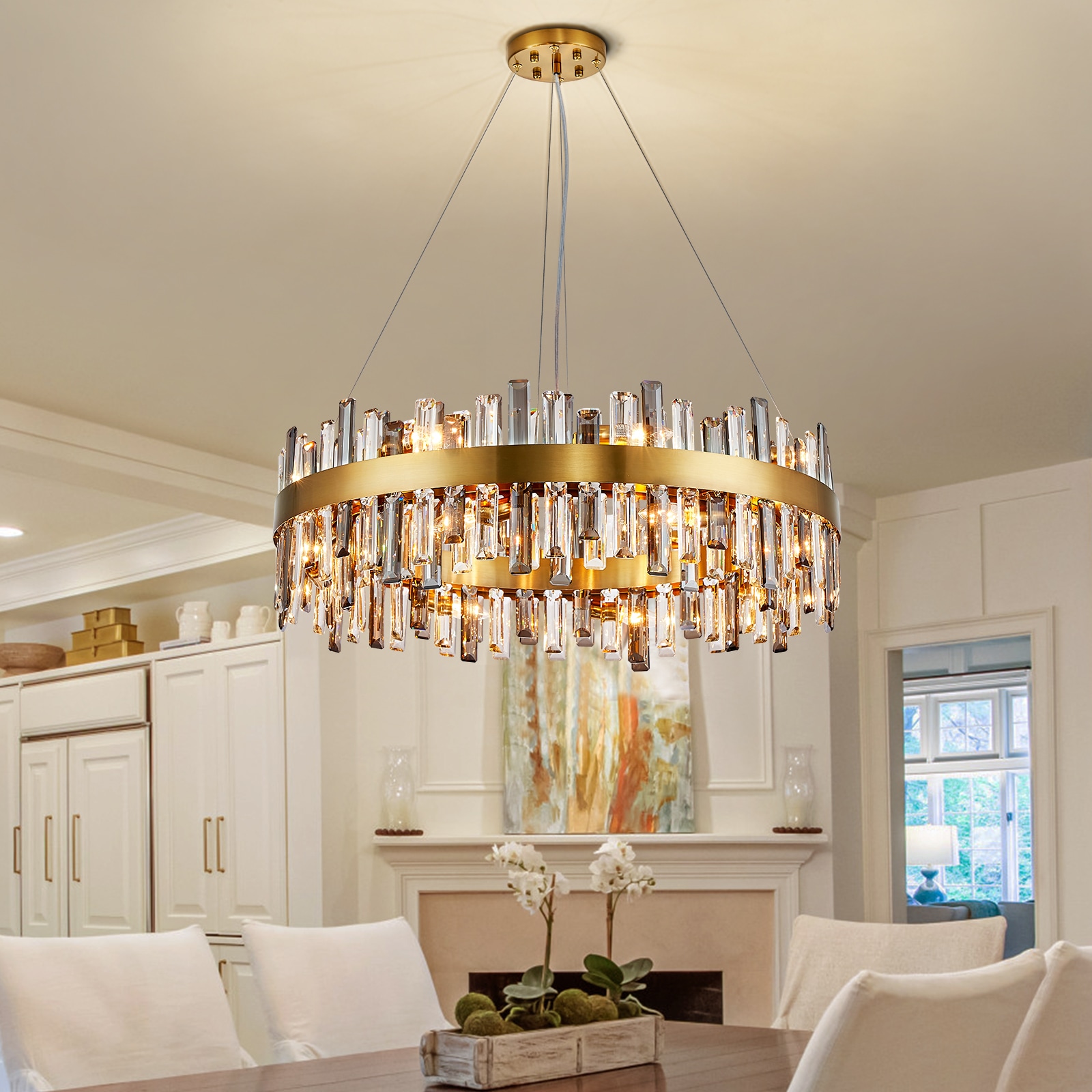 Liwidu 31.5in 16-Light Modern Gold Round Crystal Chandelier Luxury 2-Tiers K9 Crystal Raindrop Chandelier Adjustable Height for Dining Room Foyer Living Room Bedroom Kitchen Island