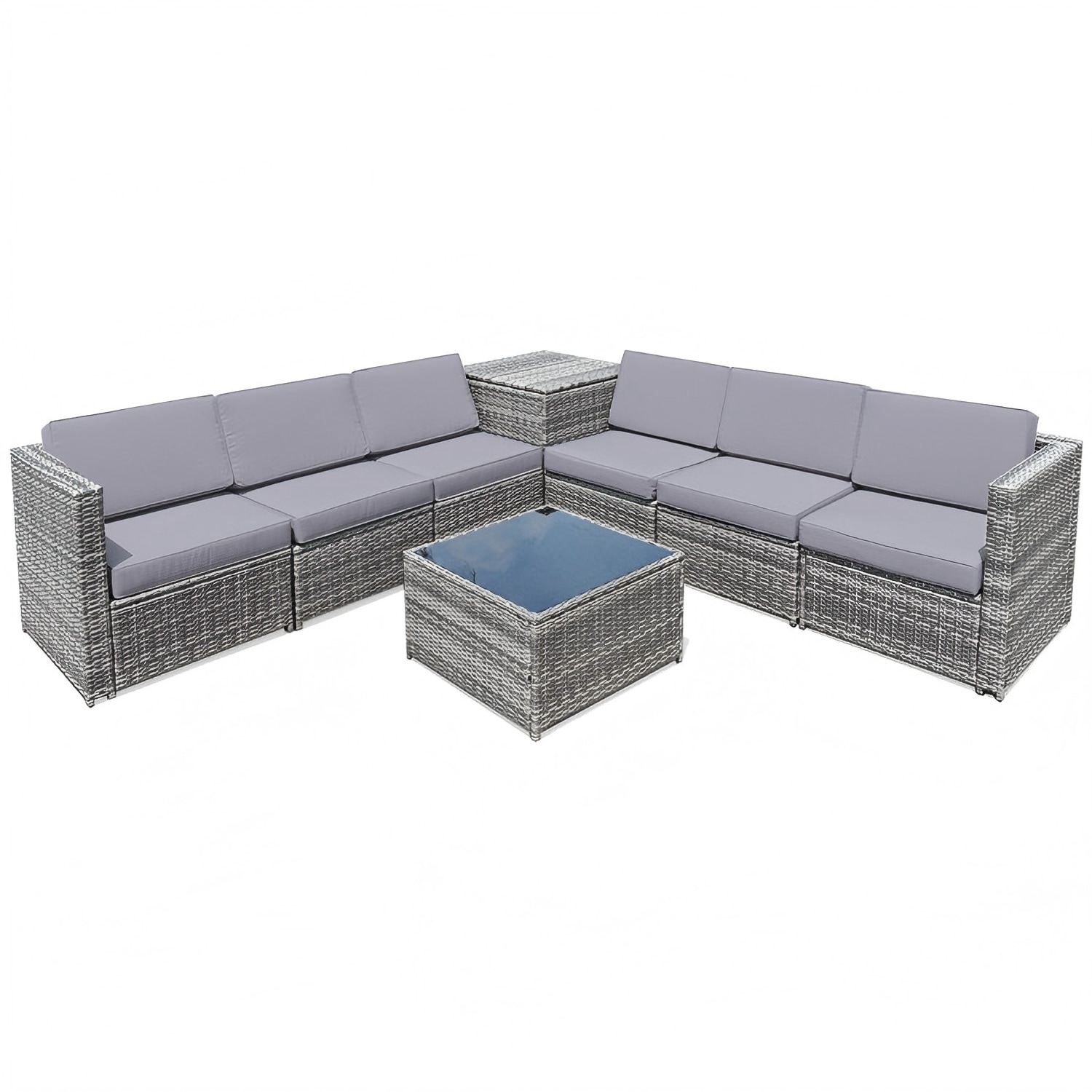 Forclover HBV-HW657RE 8 Pieces Patio Furniture with Storage Table Rattan Outdoor Sectional with Gray Cushions and Rattan Frame