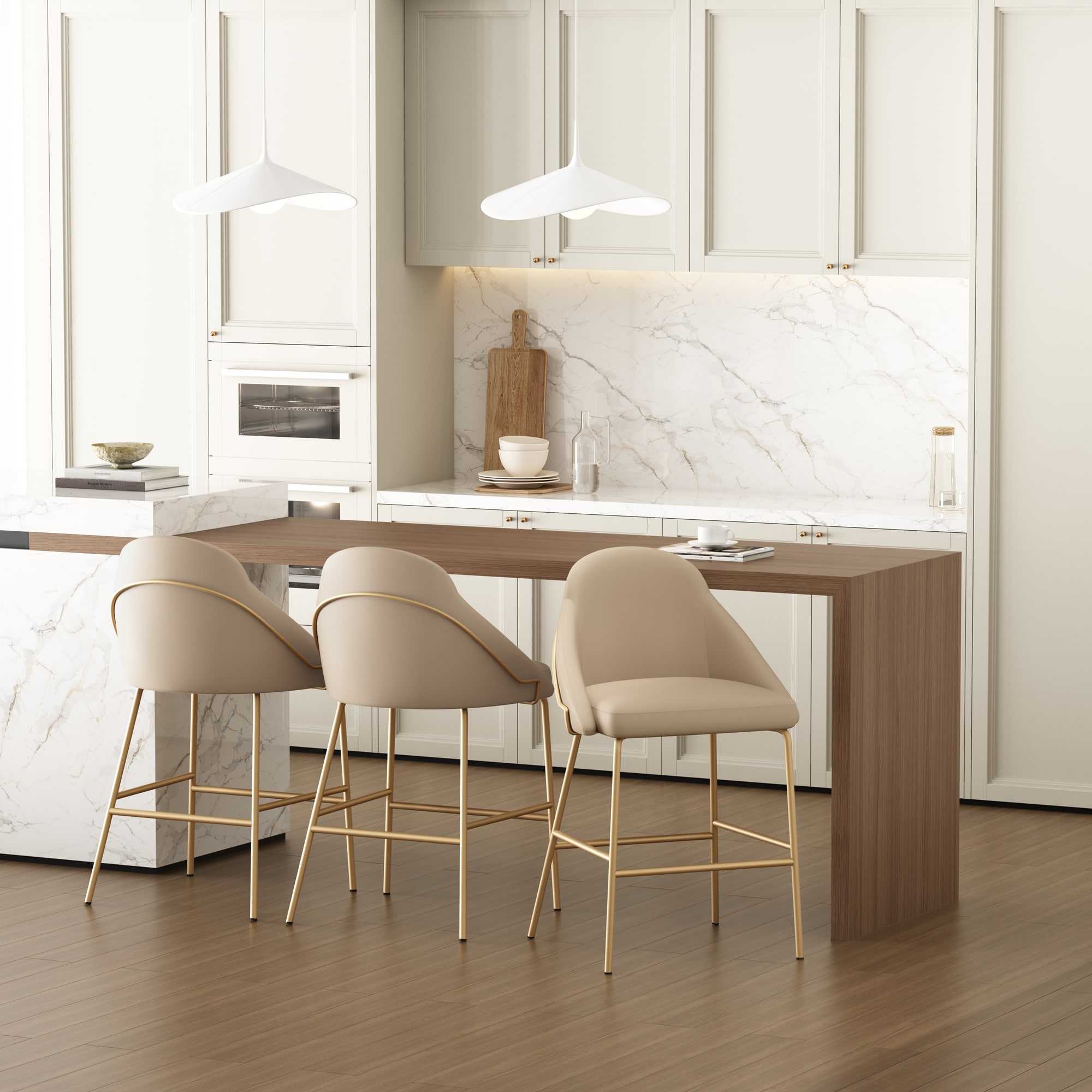 Manhattan Comfort 3-CS019-GTN Gracie 3 -Set Tan and Gold 26-in H Counter height Square seat Upholstered Metal Bar Stool and Back