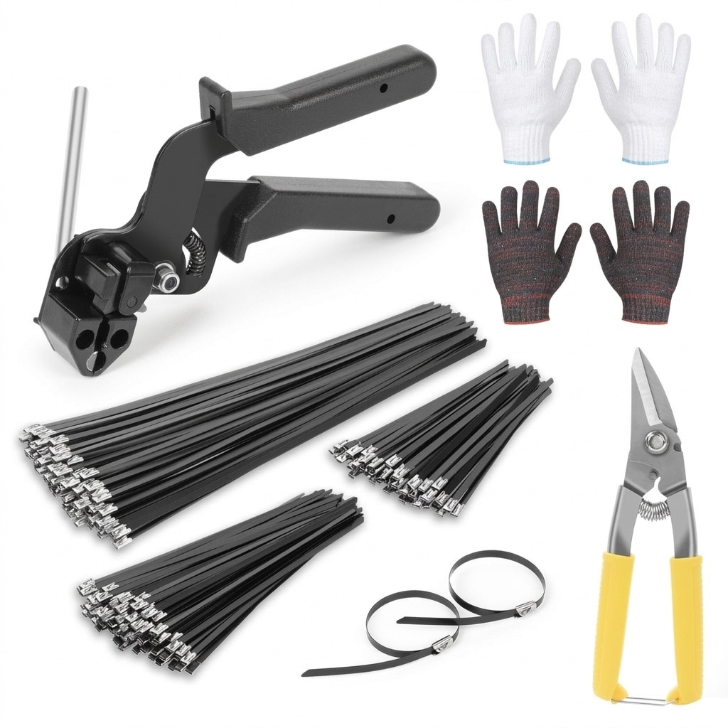 Etokfoks 300PCS Black Metal Cable Tie Set Stainless Steel Cable Tie Gun Kit UV Resistant Outdoor Fastening Cutting #LETXBMCGK