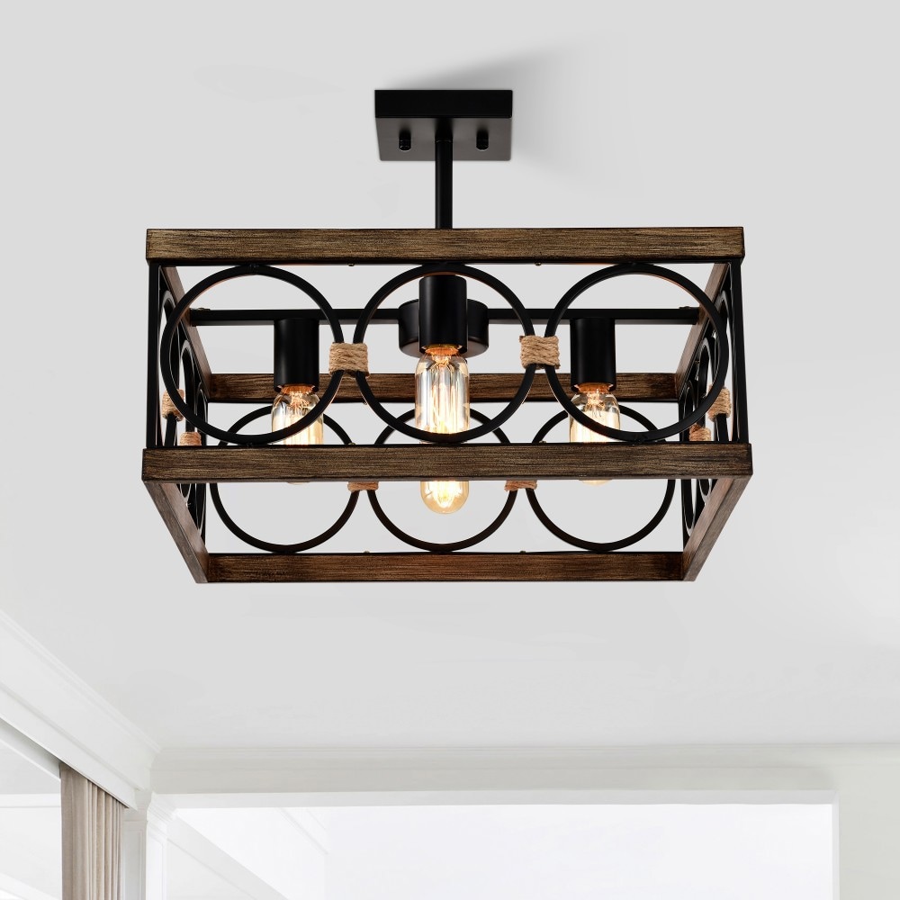 Basdien 18 in Matte Black Wood Square Kitchen Island Light 4 Light Bulbs Not Included E26 Base Farmhouse Rectangular Ceiling Fixture for Dining Room Living Room Conference Room Home Office Adjustable Height Easy Install Home Decor Rustic #96469831