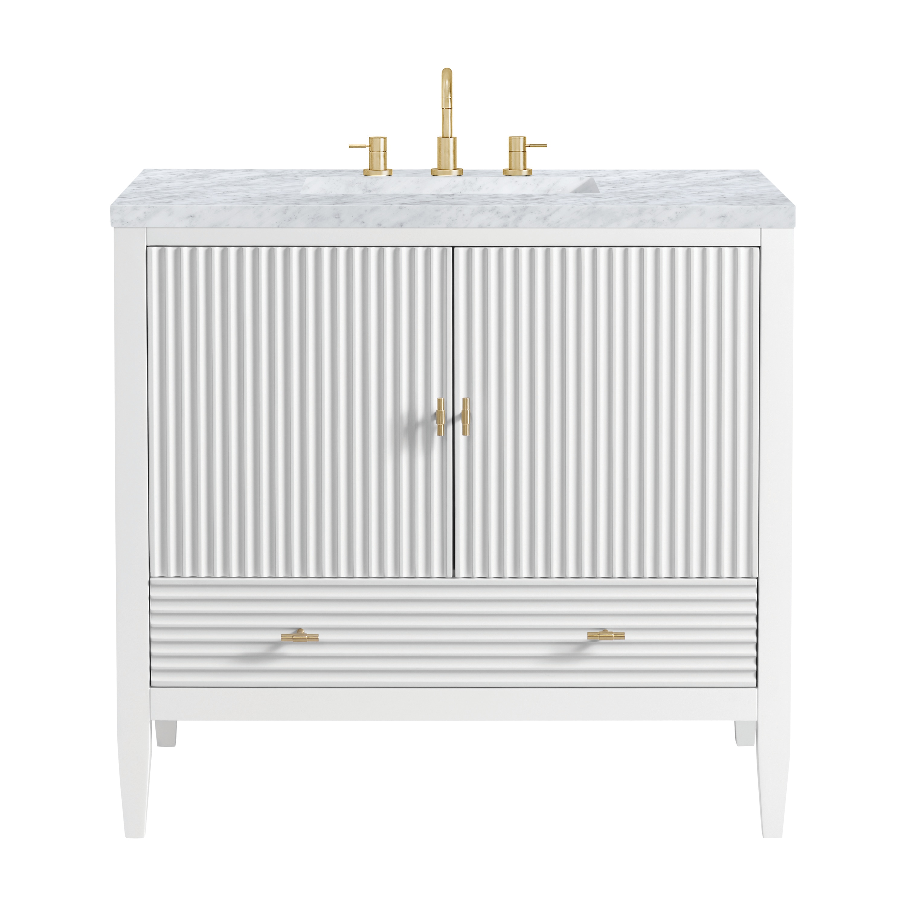 James Martin Vanities 485-V36-BW-3CAR Myrrin 36-in Bright White Undermount Single Sink Bathroom Vanity with Carrara White Marble Top