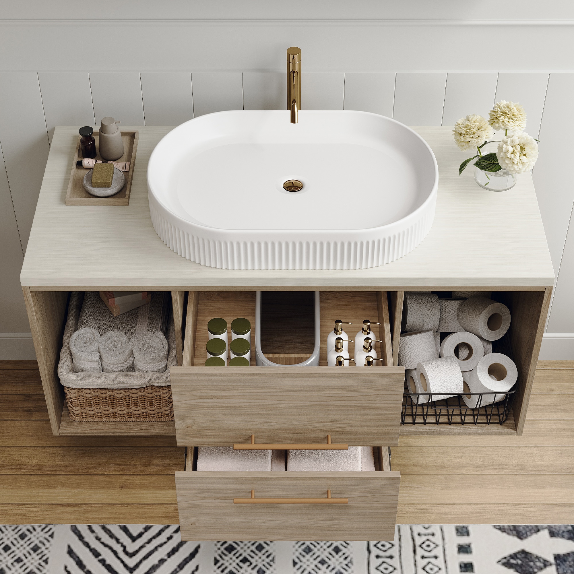 LOVMOR SF-WO-W3136S00012 Modern Bathroom Vanity with Oval Ceramic Sink Floating Vanity Solid Wood Cabinet Drawers Open Shelf Storage