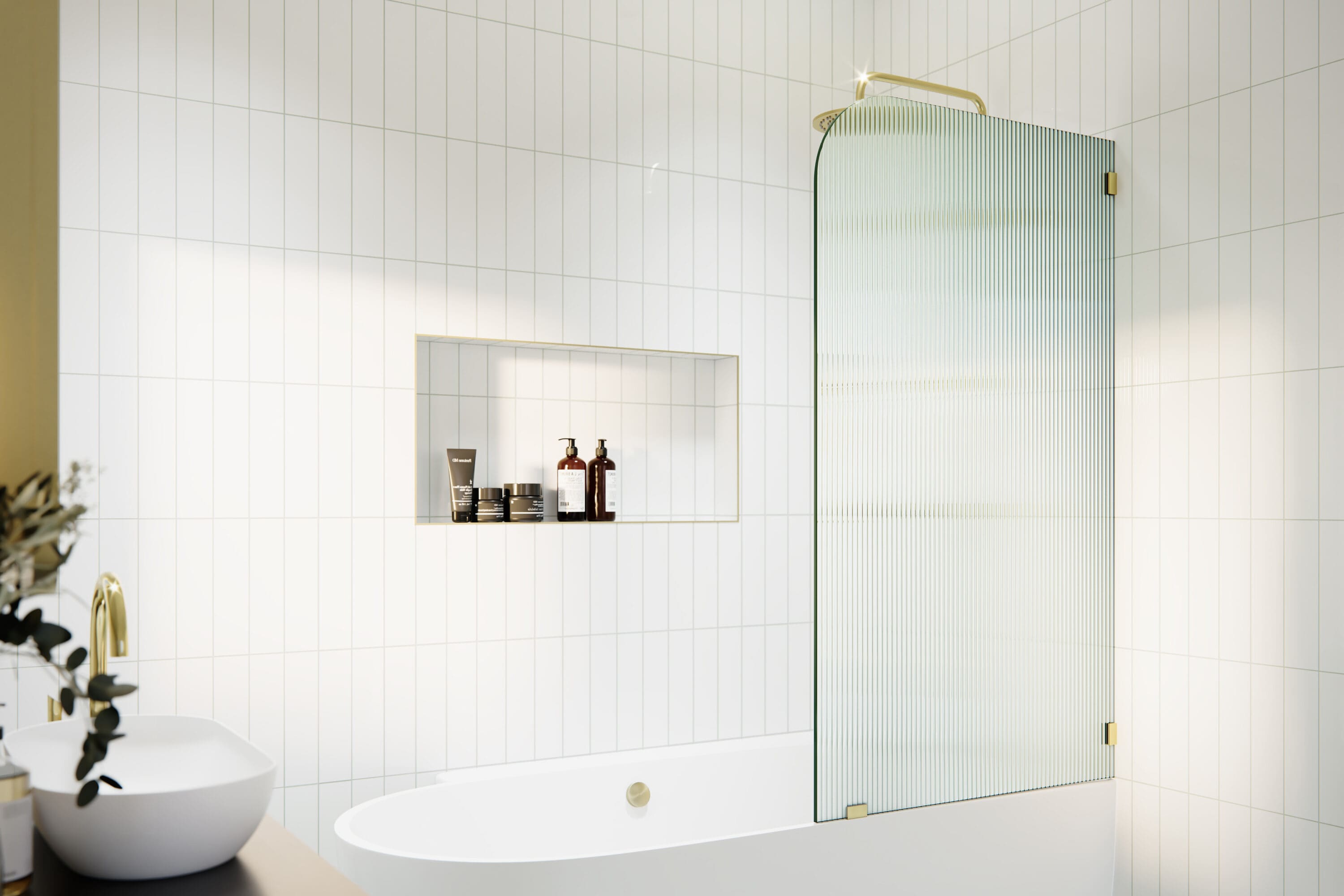 Glass Warehouse B-FL-RAD-34-R-PB Polished Brass 34-in W x 58.25-in H Frameless Fixed Bathtub door 3/8-in Thick Fluted Glass