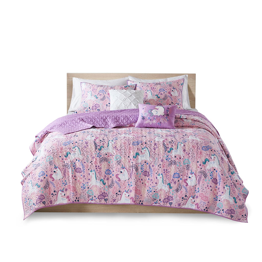 Gracie Mills 3010-31KHU Glenda 4-Peice Unicorn Reversible Cotton Quilt Set with coordinating Throw Pillows