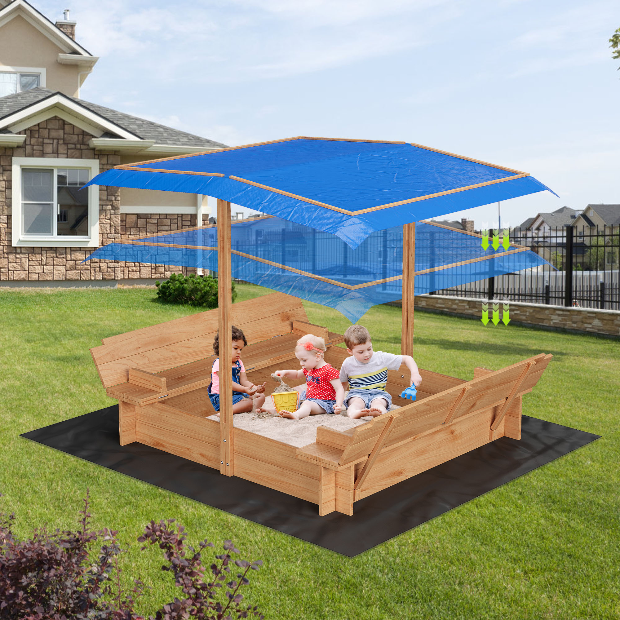 IdealHouse - 47x47in Wooden Sandbox with Adjustable Canopy and Lid Outdoor Kids Sand Box with 2 F...