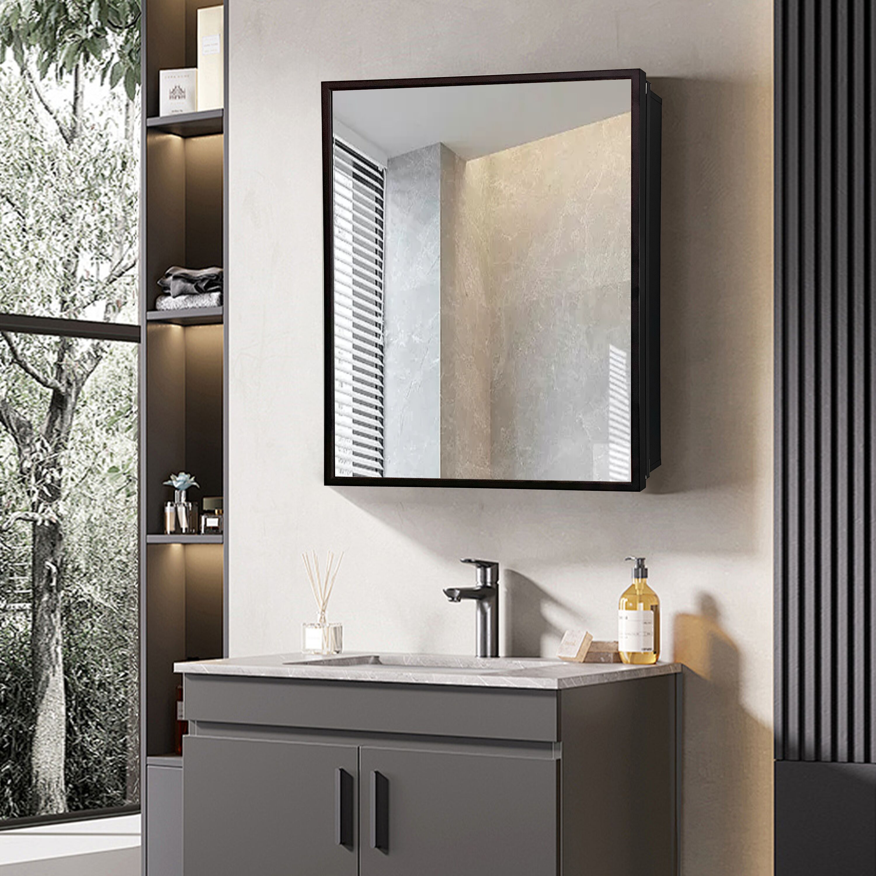 WELLFOR NIE-AM5290 20-Inches x 26-Inches Surface/Recessed Mount Black Mirrored Rectangle Medicine Cabinet