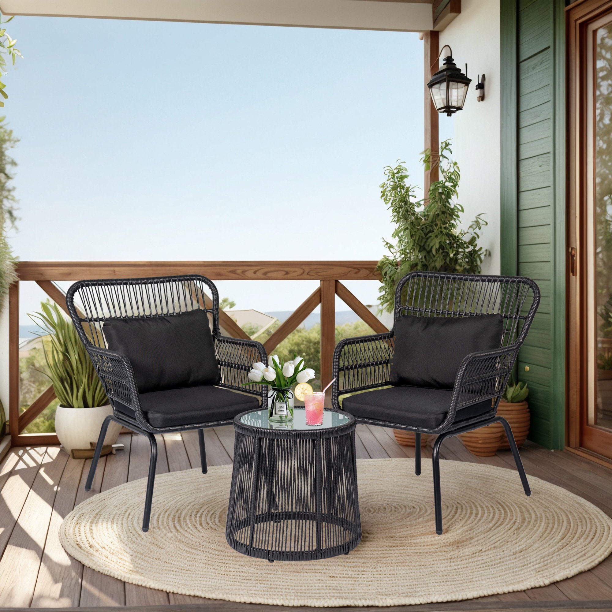 Grearden LS-NF020BLK-BK 3 -Piece Rattan Patio Conversation Set with Black Cushions