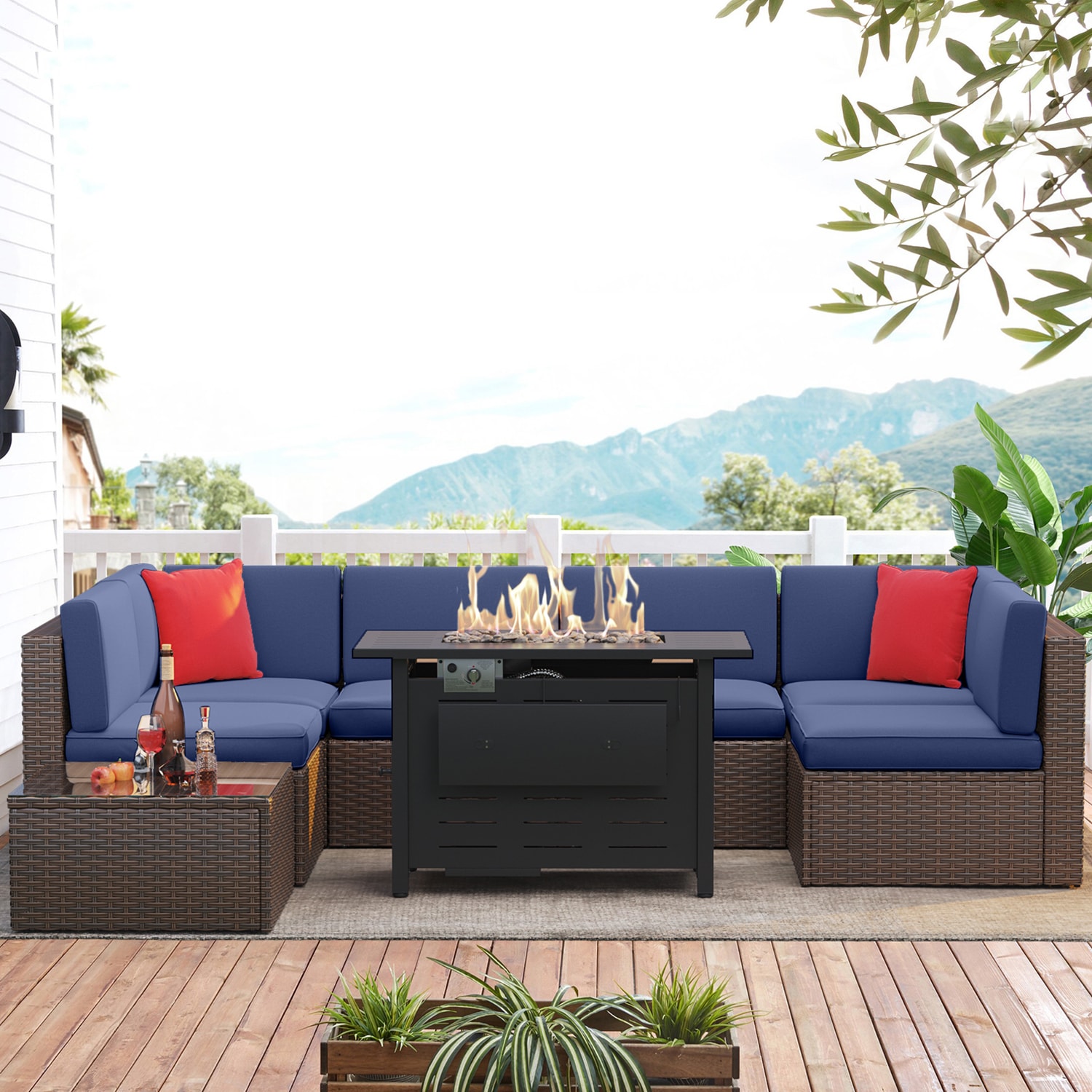 Bapipro BP3508U20 8 -Piece Rattan Patio Sofa Conversation Set with Blue Cushions