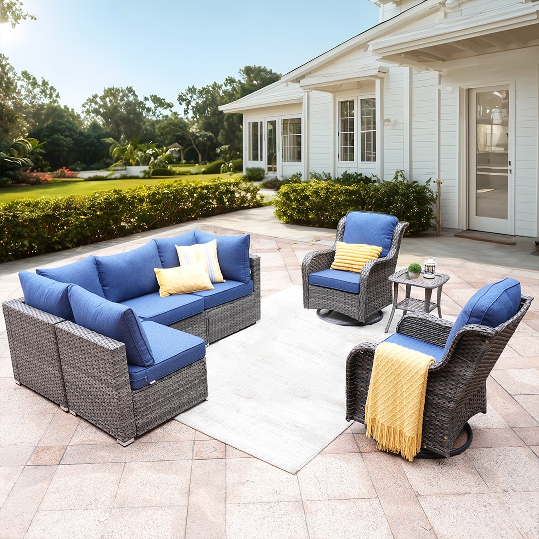 weaxty Kuuga Rattan Outdoor Sectional with Blue Cushion(S) and Steel ...