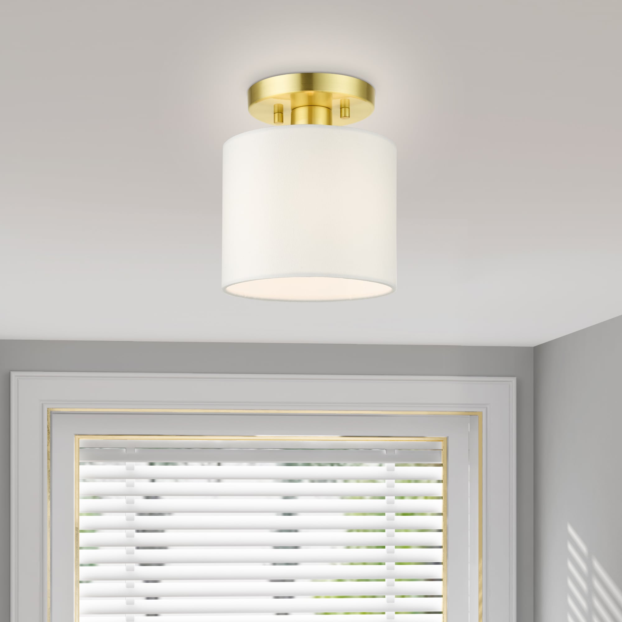 Meridian Petite Satin Brass Semi-Flush Mount with Off-White Drum Shade