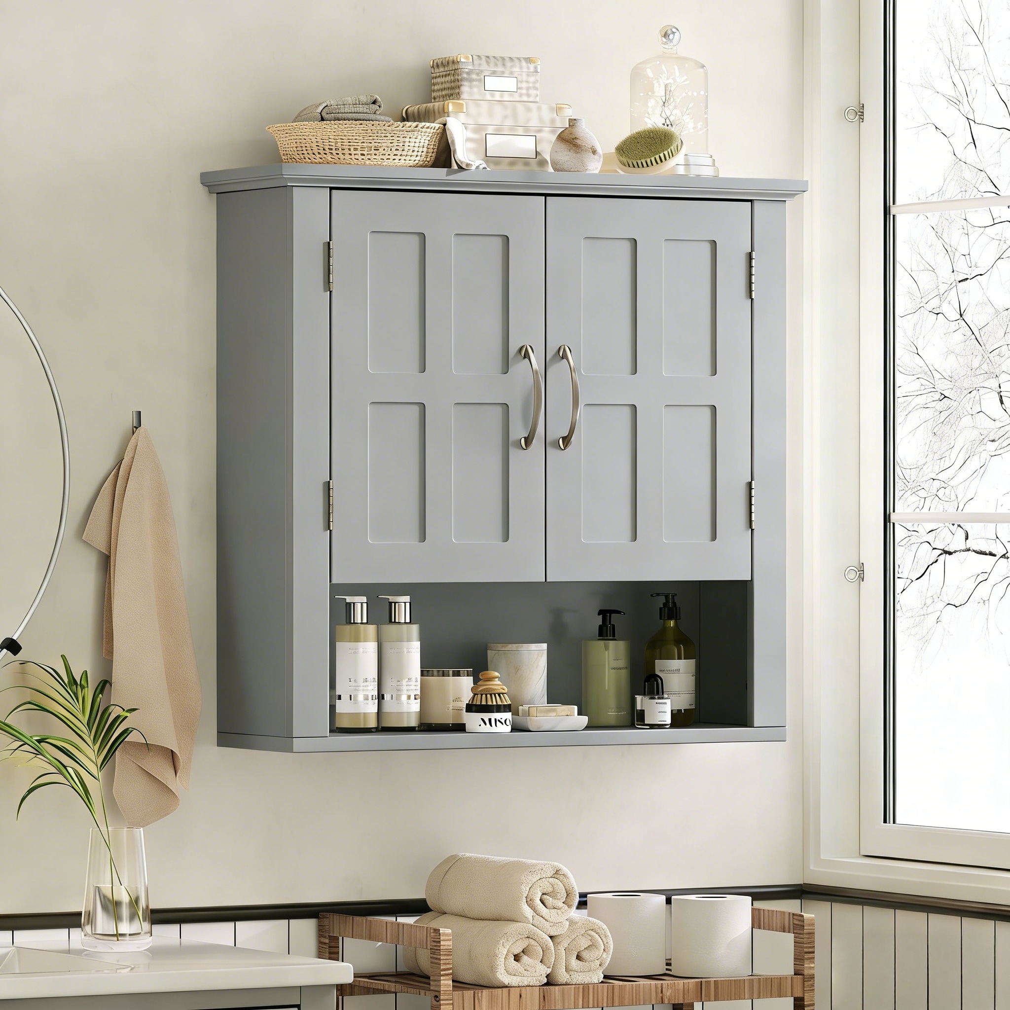 ModernLuxe Assembly Required Bathroom Wall Storage Cabinet  Multi functional Wall Mounted Cabinet with Adjustable Shelves Medicine Cabinet for Laundry Room  Kitchen  Living Room Gray