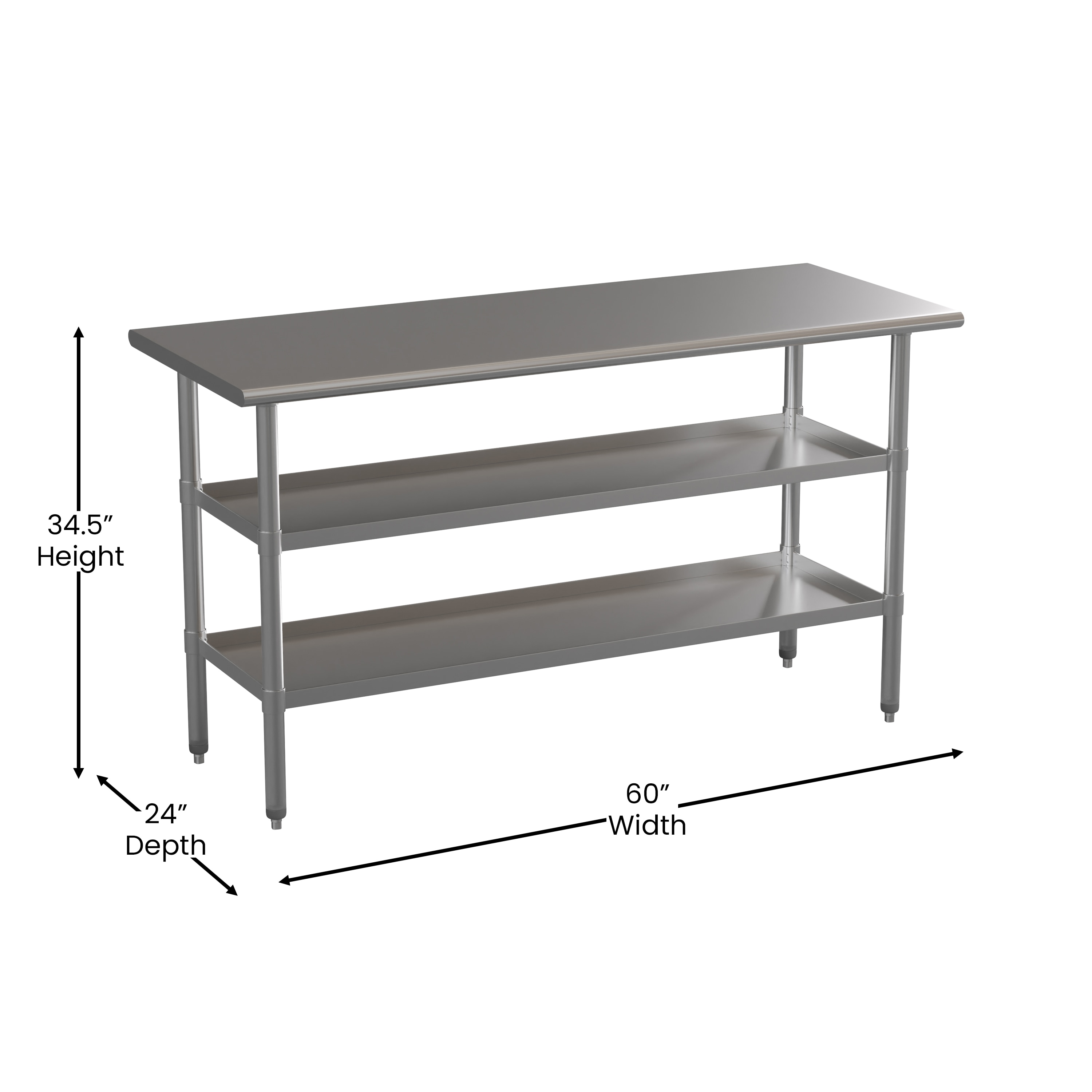 Silver Stainless Steel Kitchen Work Table with Adjustable Shelves