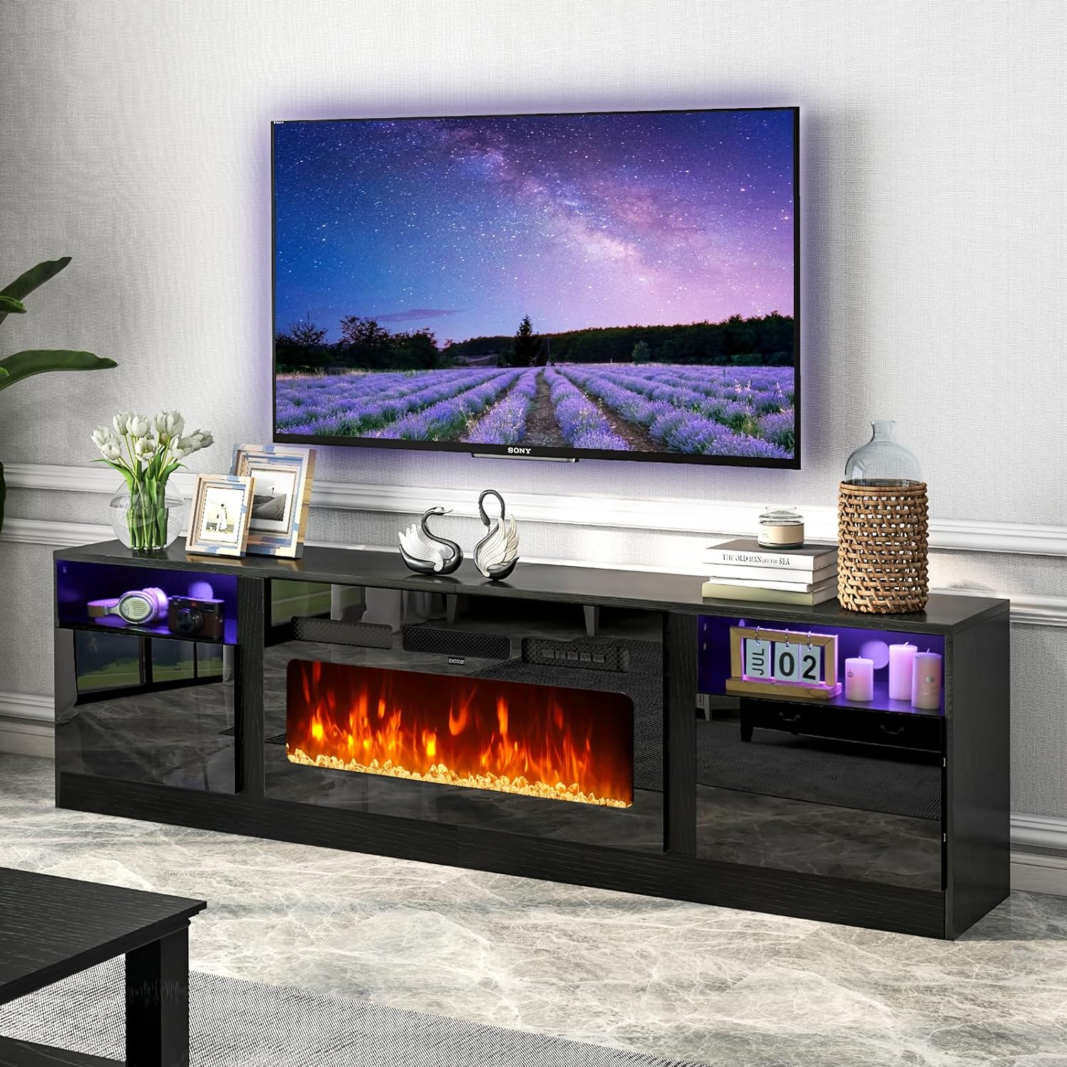 AOXUN 79-in W Black TV Stand with LED Electric Fireplace H21028BK+H20023 Sansujyuku sansujyuku.com