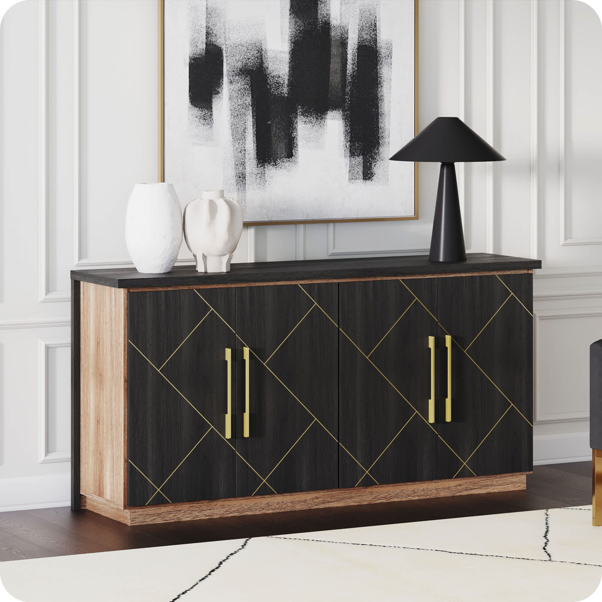 Belleze 014-HG-40012-EB 65 Inch Buffet Sideboard Cabinet with Elegant Gold Trim Modern Storage Console Table Espresso Black