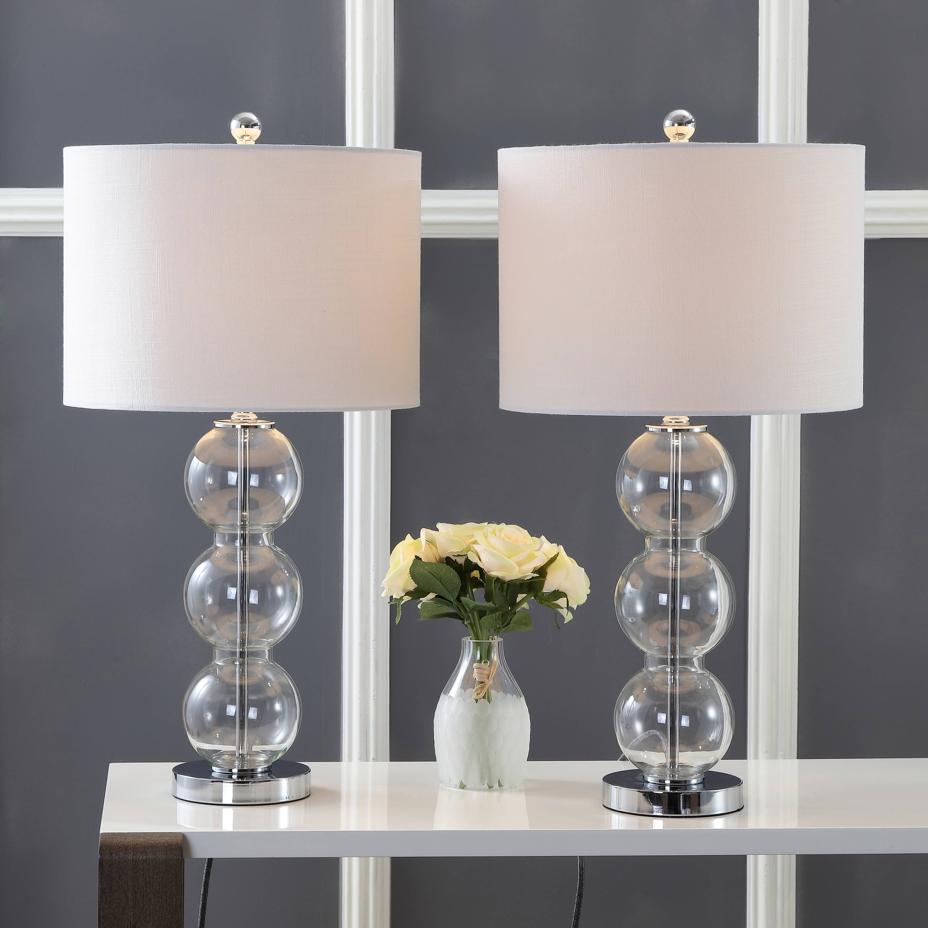 JONATHAN  Y JYL1070D-SET2 Bella Glass Triple-Sphere Transitional 27-in Clear/Chrome LED Incandescent Rotary socket Table Lamp with Linen Shade 2 -Set