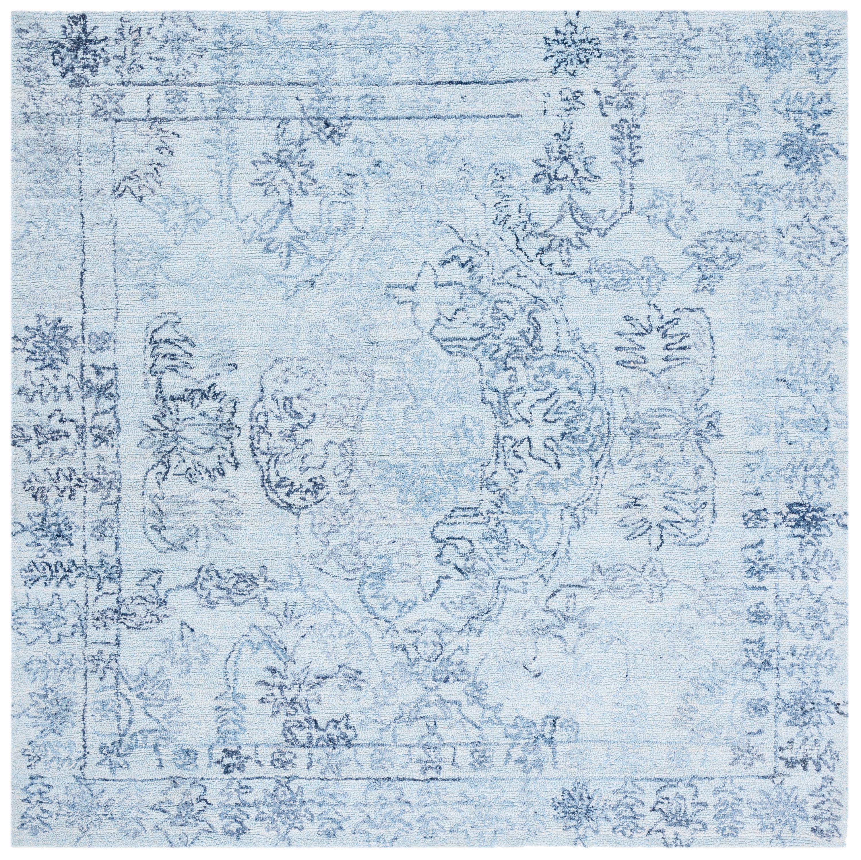 Light Blue Hand-Tufted Wool Square Area Rug, 6 x 6 ft