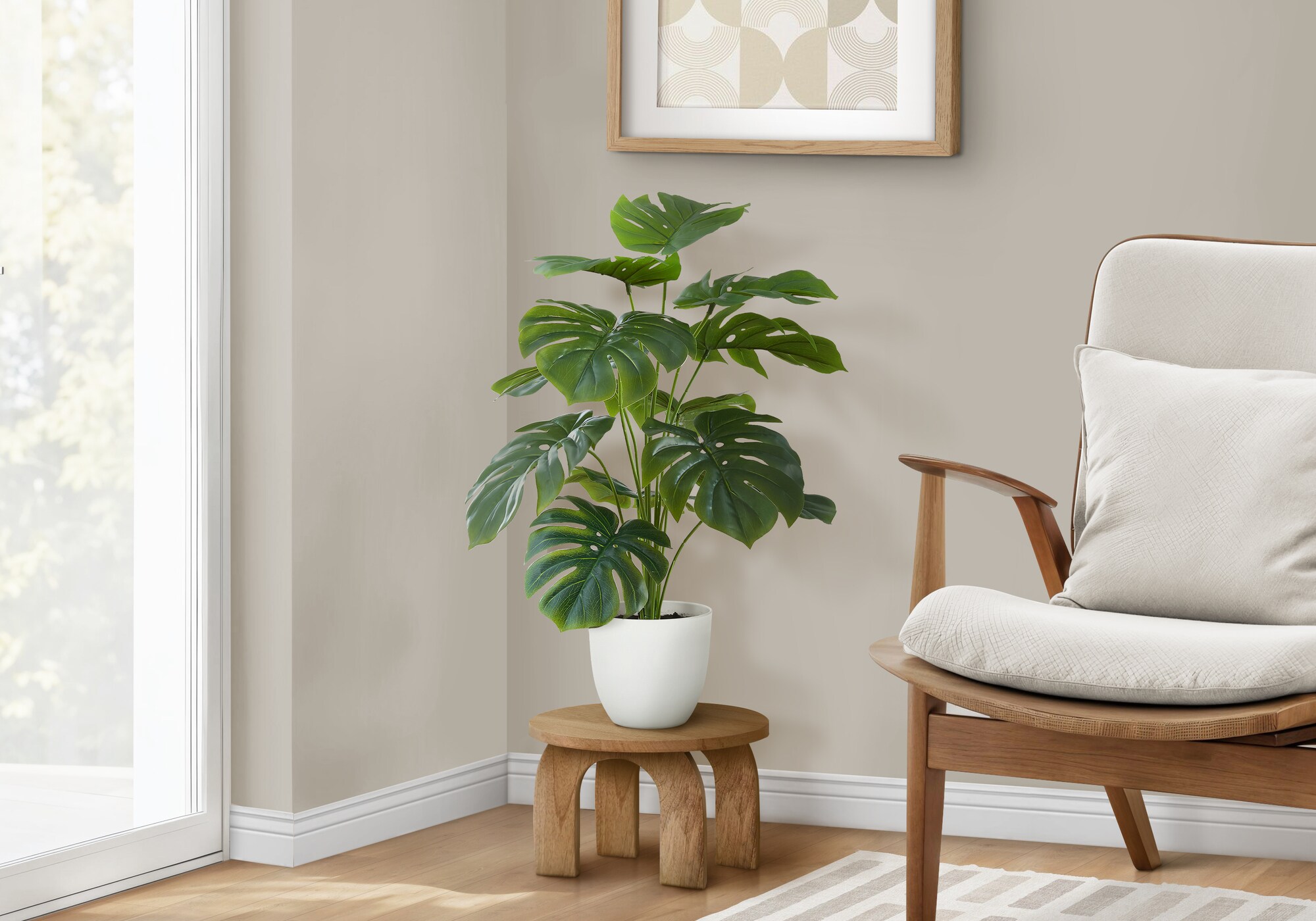 LOVMOR Artificial Plant 24Inch Tall Monstera Indoor Faux Fake Table Greenery Potted Real Touch Decorative Green Leaves White Pot
