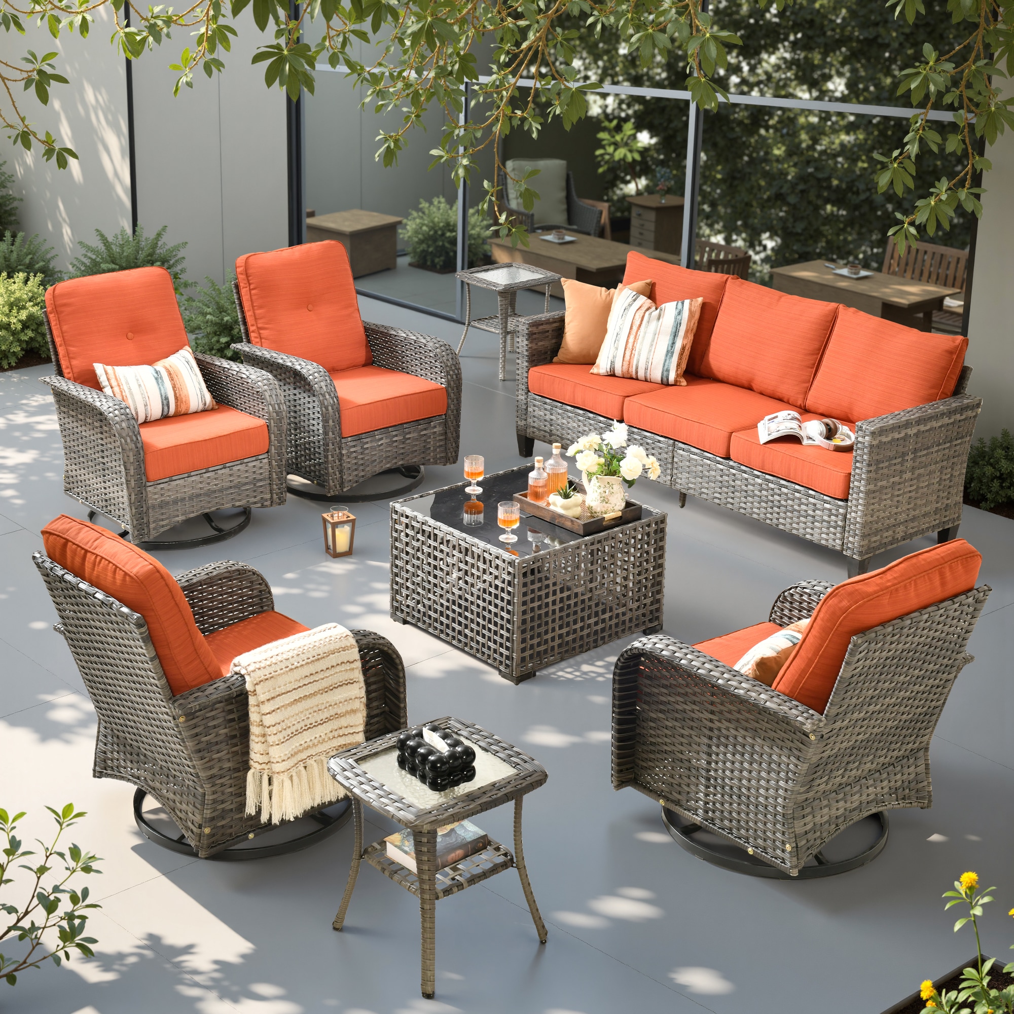 weaxty HMBYZGNCNGRS808S1 Initial 8 -Piece Wicker Patio Sofa Conversation Set with Orange Cushions