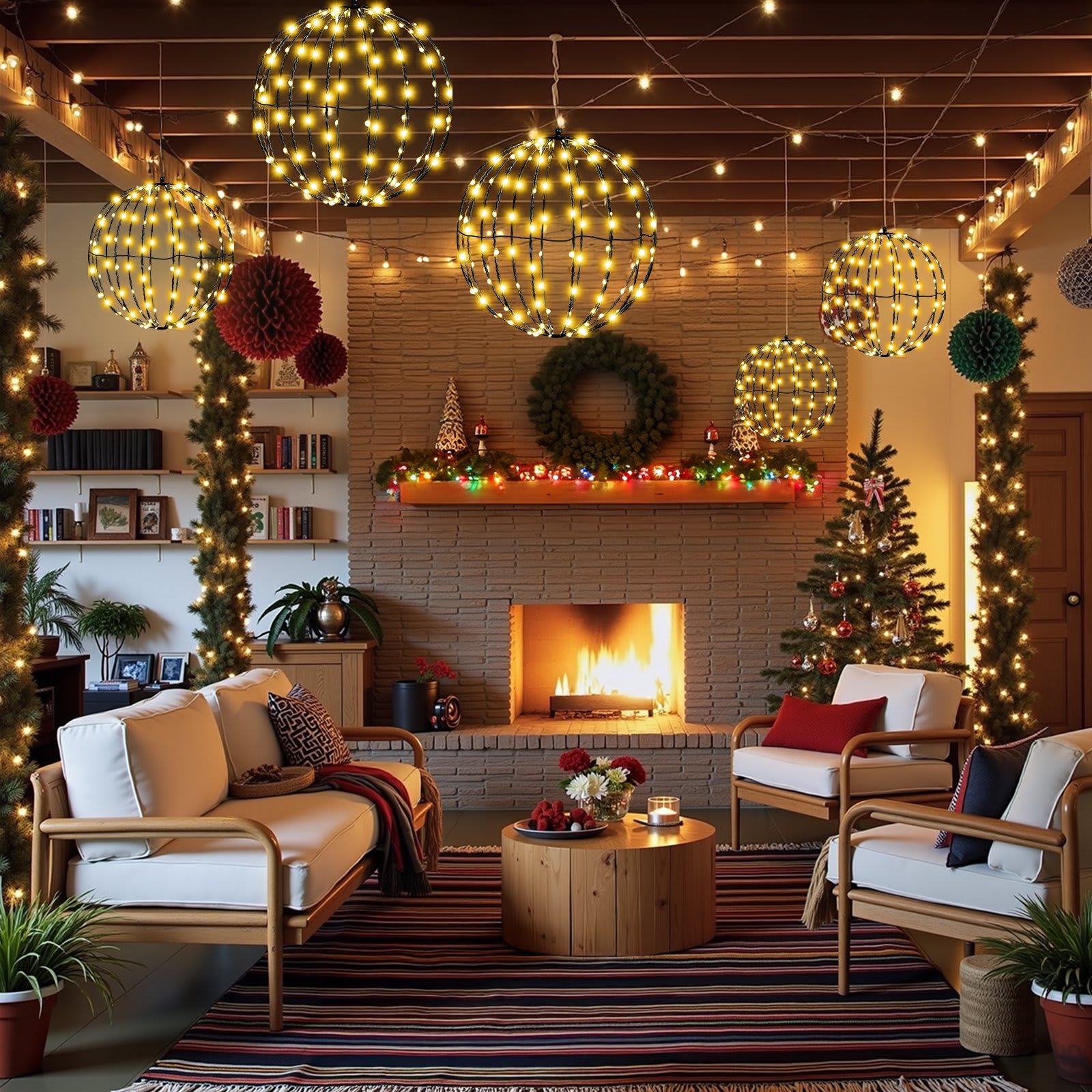 BIGHOUSE BH3003010099 2 Pack 12-Inch Hanging Christmas Sphere Light 140 LED Battery-Operated