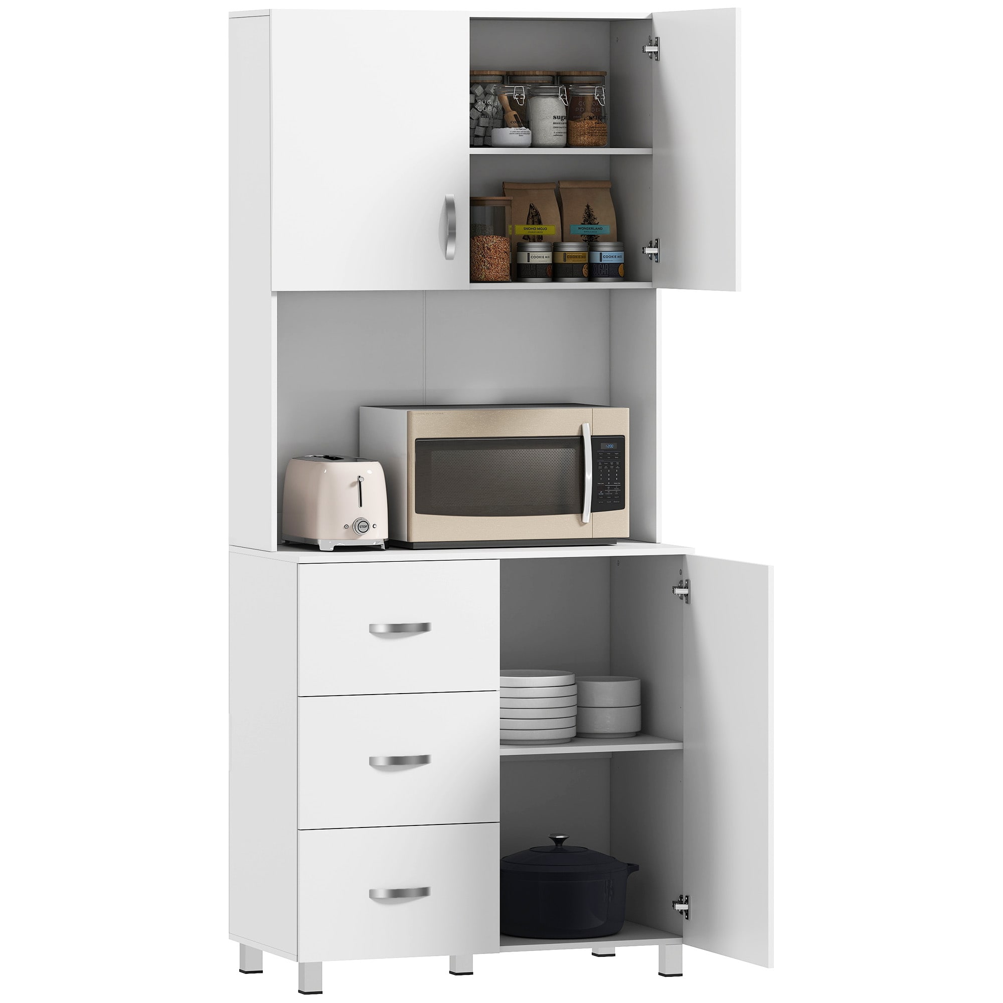 HomCom 835-243 Freestanding Kitchen Pantry  Buffet with Hutch Storage Organizer with 2 Door Cabinets  3 Drawers and Open Countertop  Adjustable Shelf  White