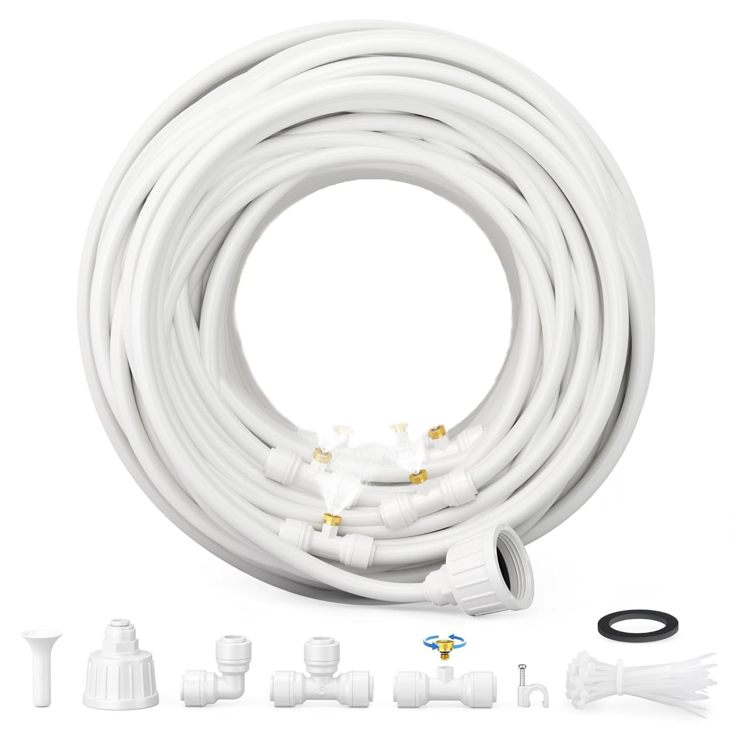 Etokfoks -  100 ft White Outdoor Patio Misting Cooling System with 30 Brass Misters and 2 PE Anti...