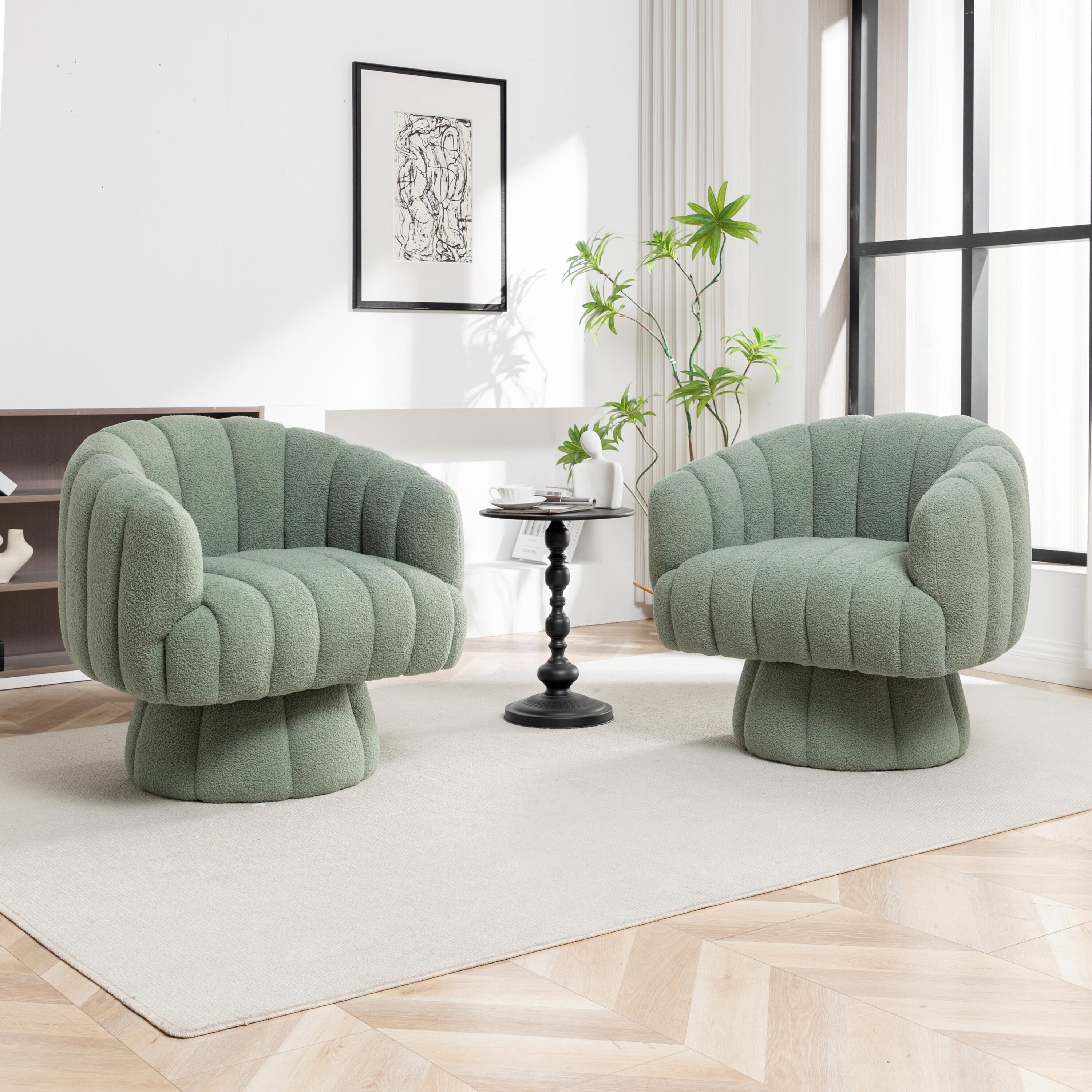SEYNAR FJ752-GREEN-S2 Modern Teddy Upholstered Fabric Round 360 Degree Swivel Accent Chair Set of 2