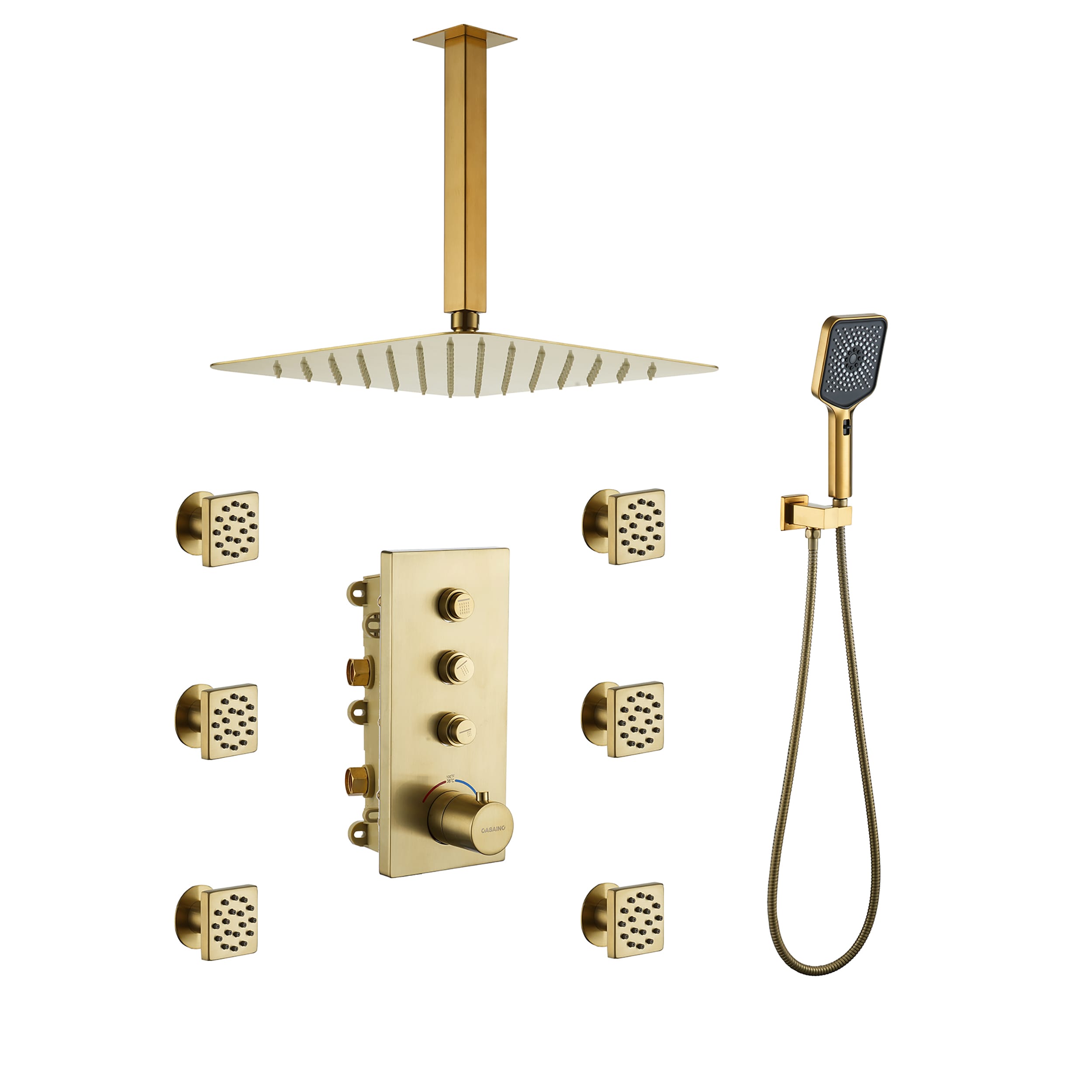 CASAINC CA-102009LK-3 Brushed Gold 12-in Built-In Shower Faucet System with 3-way Diverter ( Thermostatic Valve Included )