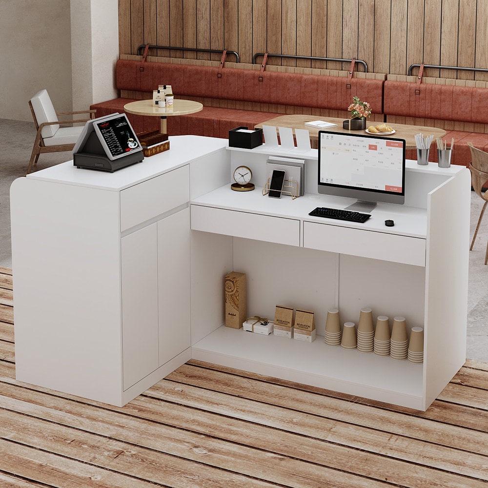 Homsee C-KF210264-01-AB Modern White L-Shaped Reception Desk with Drawers Cabinets Open Storage and Corner Shelving – MDF Front Counter